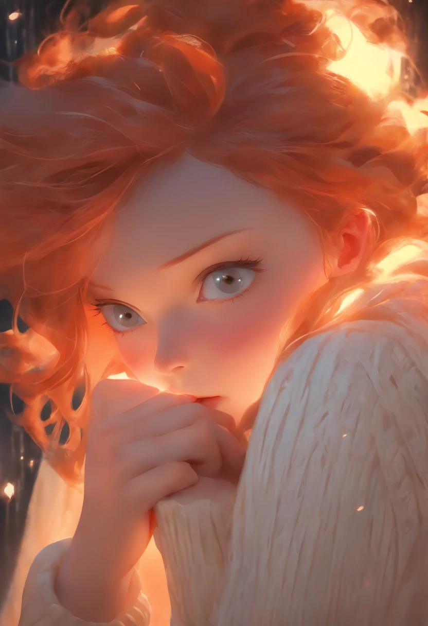 arafed woman with red hair and a white sweater covering her mouth, sadie sink, soft portrait shot 8 k, ellie bamber, ivory pale skin, monia merlo, with pale skin, pale-skinned, pale - skinned, ellie bamber fairy, pale glowing skin, very very very pale skin, pale woman, albino white pale skin, porcelain pale skin