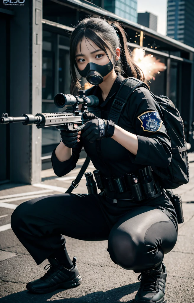 ((best quality)), (masterpiece), photorealistic, photorealism, 1girl full body, aiming with an assault rifle, another girl squatting behind, Combat pose, explosion background, Photorealistic, high resolution, (Detailed face), looking to the camera, (cloths color black:0.4 white:0.5 other-color:0.1), (wearing rash-guard likes police uniform, gloves,black and gray mecha, wearing futuristic-gasmask, military harness, carrying hich-tech-backpack), background grey, Fingers are occluded