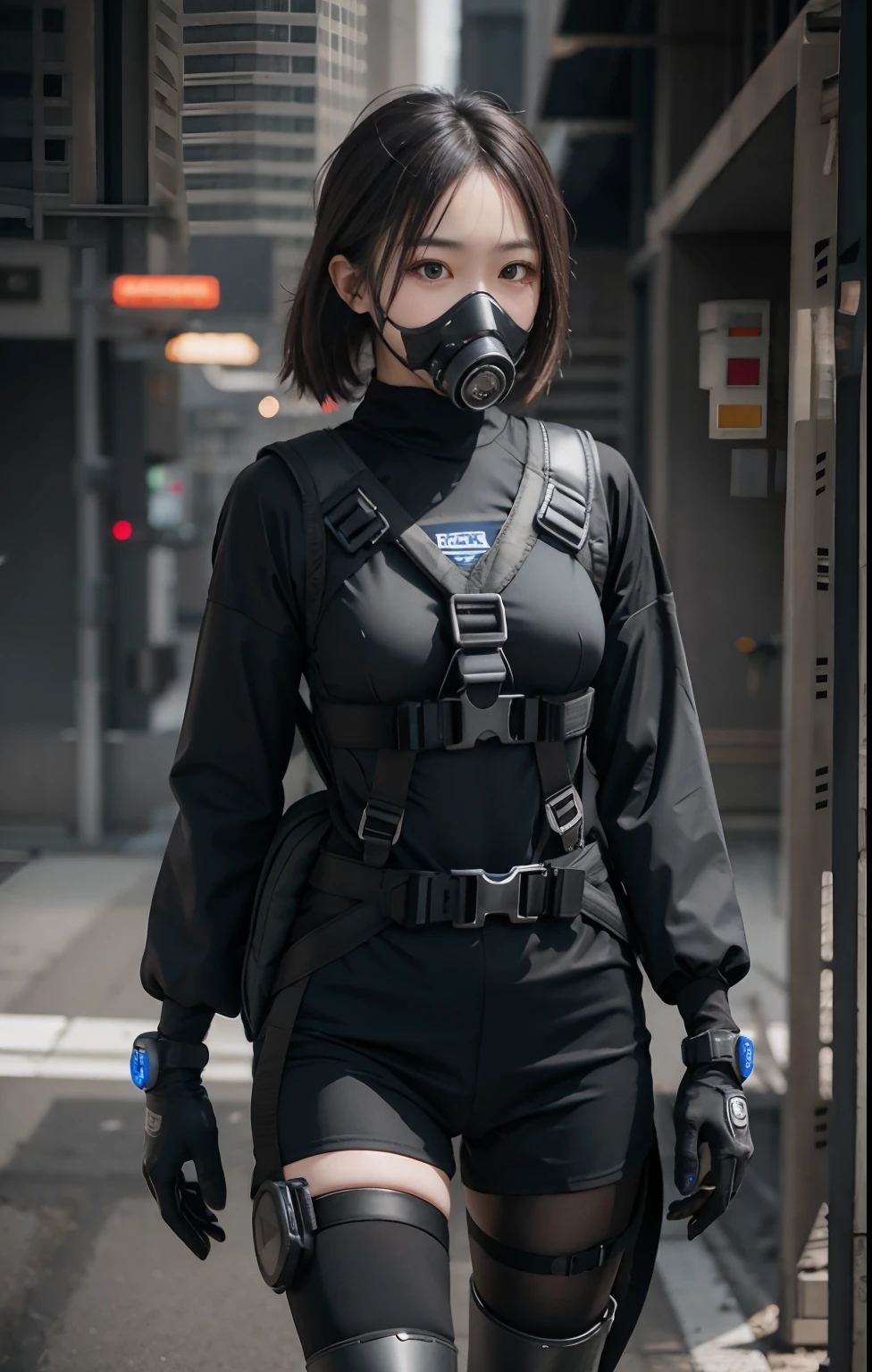 Highest image quality, outstanding details, ultra-high resolution, (realism: 1.4), ((close up:0.75, from front)), Photorealistic, highly condensed 1 lady, full body, aiming with a rifle, Combat pose, (Detailed face), looking at the camera, (breasts, a bit chubby:0.45), (cloths color black:0.4 white:0.5 other-color:0.1), (wearing nylon rash-guard as police uniform, gloves, Fingers are occluded, black and gray mecha, wearing futuristic-gasmask, military harness, holding a machinegun, carrying hich-tech-backpack), background greywall,