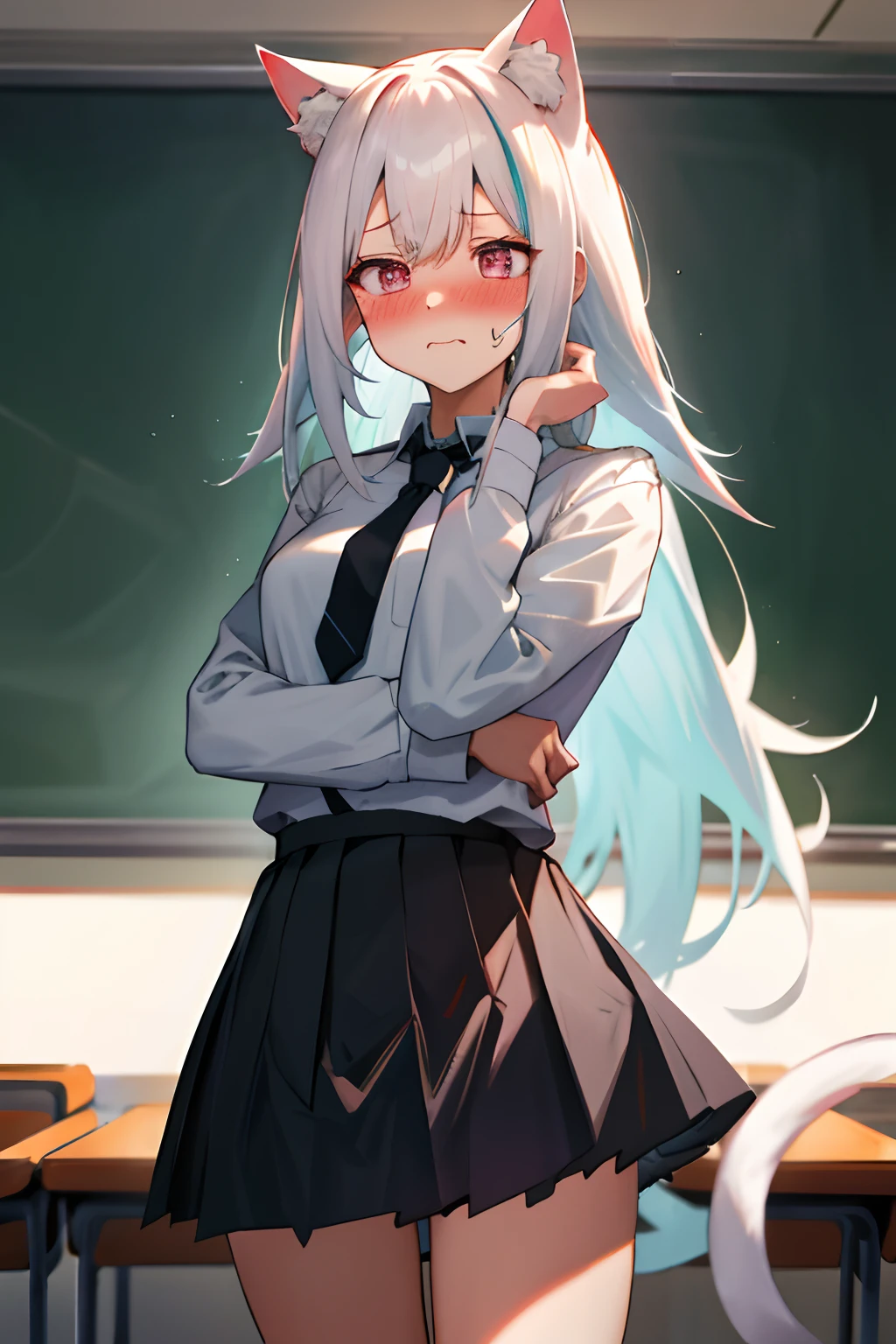 One girl with long hair, white hair, looking away, cowboy shot, embarrassed, blushing, mouth small open, classroom, white tight shirt, mini black skirt, thigh , school uniform, necktie, cat ears, cat tails
