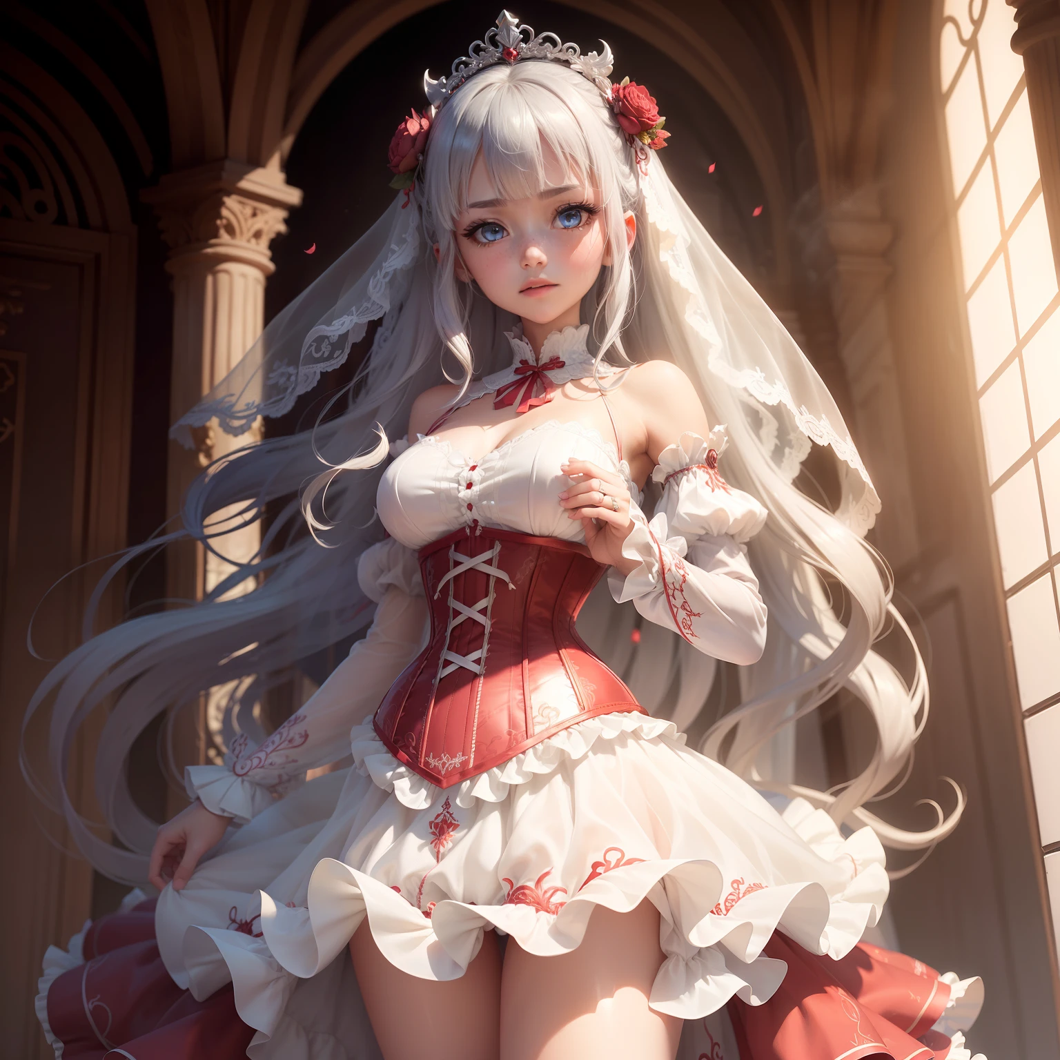 ((the Extremely Detailed CG Unity 8K Wallpapers)), masutepiece, Ultra-detailed, floating, High resolution, Sexually suggestive, (Petite, ridiculously long gray hair, Princess, White Devil Taoism, Blue eyes, (Gorgeous long layered long dress in white and red see-through、Long sleeves and intricate embroidery), Bridal Veil, circlet, bridal gauntlets, Blushing, Shy, Ruffle Petticoat, Glamorous corset,