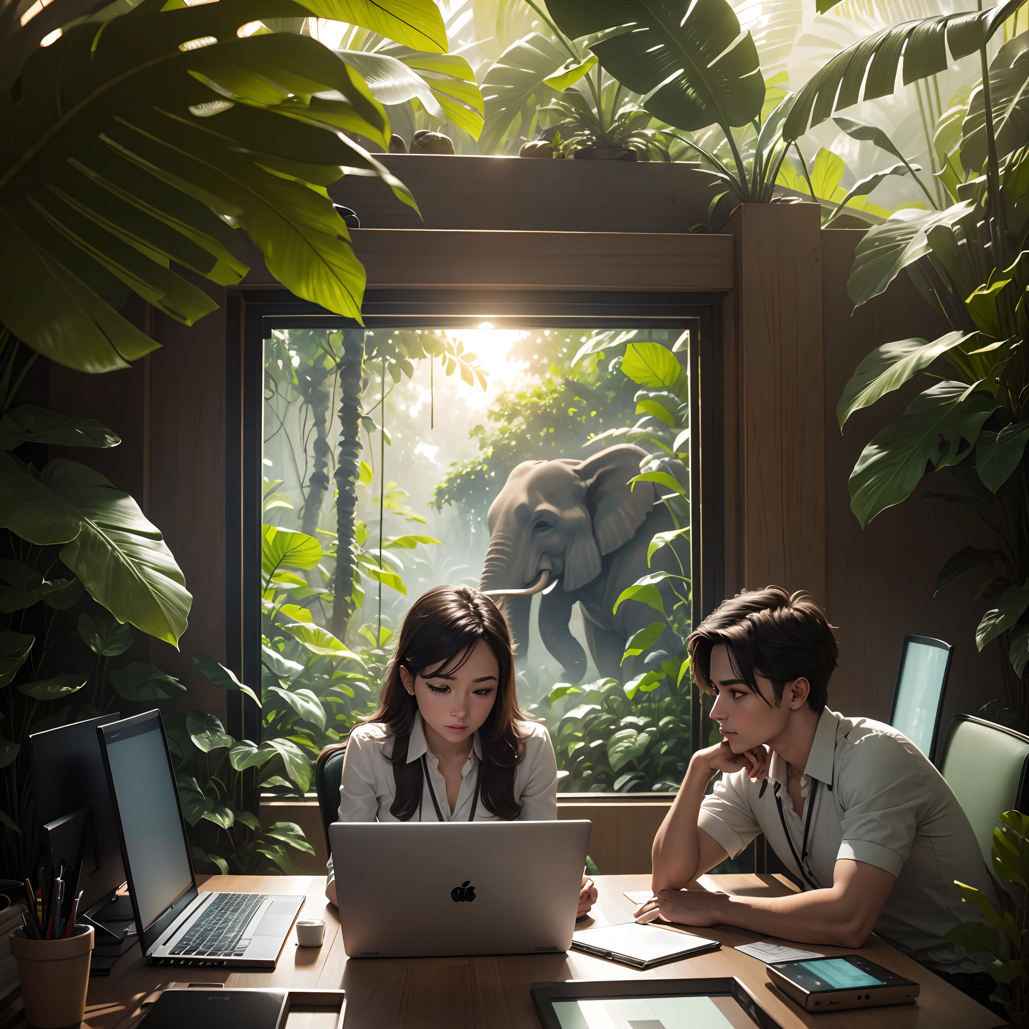 Office project team in a office attair working on a laptop in jungle, elephants are behind, 8k, micro detail, illustration, instinct elegance