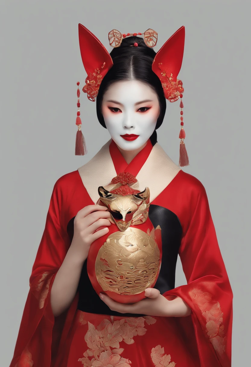 a woman in a red dress holding a mask in her hand, with kitsune mask, wearing a kitsune mask, kitsune mask, kitsune mask on head, inspired by Elsa Bleda, geisha mask, wearing noh theatre mask, wearing a noh theatre mask, broken mask, wearing mask, takato yamamoto aesthetic, inspired by Ayako Rokkaku