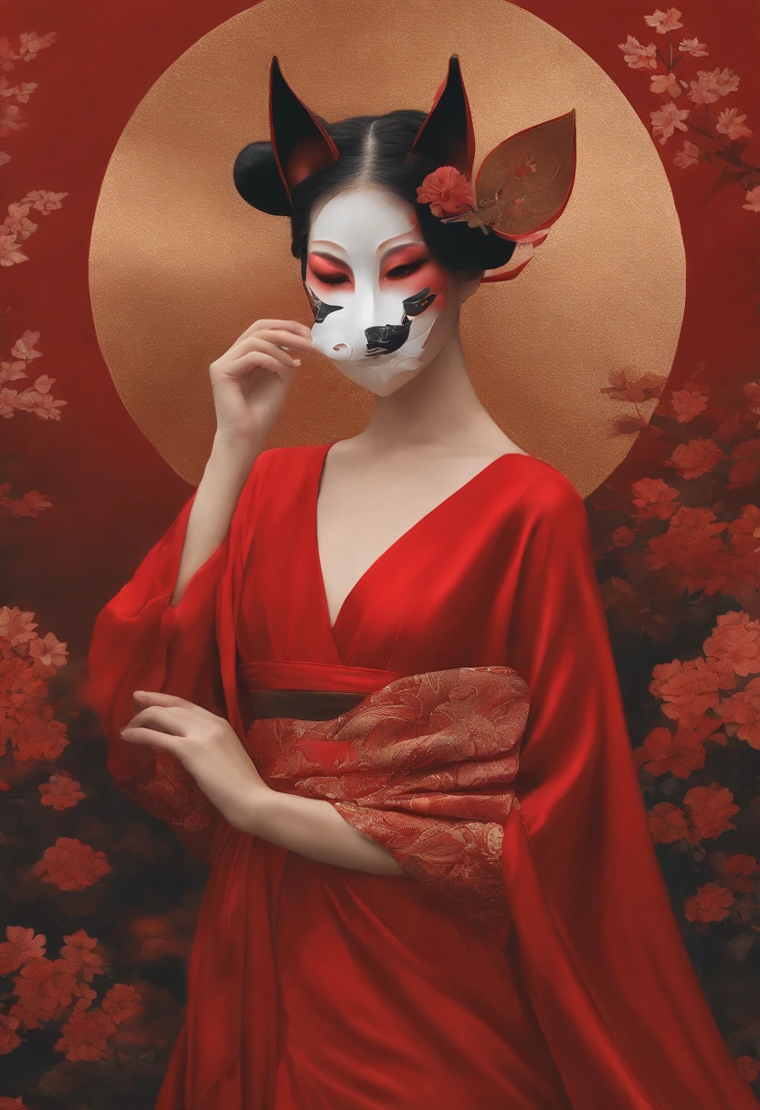 a woman in a red dress holding a mask in her hand, with kitsune mask, wearing a kitsune mask, kitsune mask, kitsune mask on head, inspired by Elsa Bleda, geisha mask, wearing noh theatre mask, wearing a noh theatre mask, broken mask, wearing mask, takato yamamoto aesthetic, inspired by Ayako Rokkaku