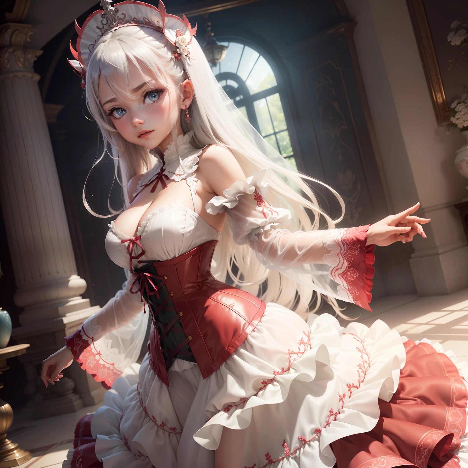 ((the Extremely Detailed CG Unity 8K Wallpapers)), masutepiece, Ultra-detailed, floating, High resolution, Sexually suggestive, (Petite, ridiculously long gray hair, Princess, White Devil Taoism, Blue eyes, (Gorgeous long layered long dress in white and red see-through、Long sleeves and intricate embroidery), Bridal Veil, circlet, bridal gauntlets, Blushing, Shy, Ruffle Petticoat, Glamorous corset,