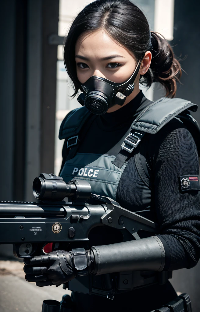 (Highest image quality, outstanding details, ultra-high resolution), (realism: 1.4), ((close up:0.75, from front)), Photorealistic, highly condensed 1 lady, full body, aiming with a rifle, Combat pose, (Detailed face), looking at the camera, (chubby:0.35), (cloths color black:0.4 white:0.5 other-color:0.1), (wearing nylon rash-guard as police uniform, gloves, Fingers are occluded, black and gray mecha, wearing futuristic-gasmask, military harness, holding a machinegun, carrying hich-tech-backpack), background greywall,