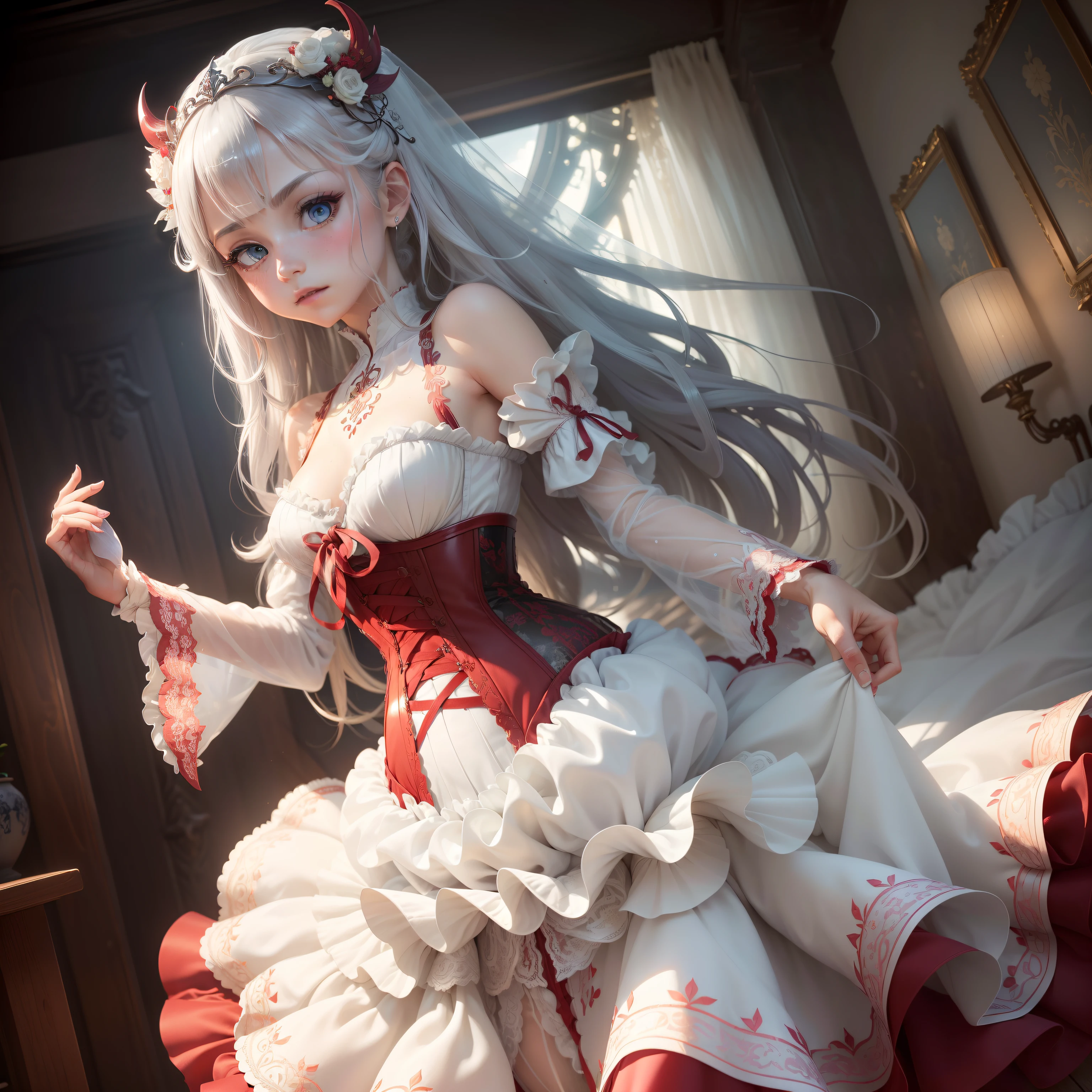 ((the Extremely Detailed CG Unity 8K Wallpapers)), masutepiece, Ultra-detailed, floating,,High resolution, Tortured princess,Sexually suggestive, (Petite, ridiculously long gray hair, Princess, White Devil Taoism, Blue eyes, (White and red see-through gorgeous panties、Long sleeves and intricate embroidery), Bridal Veil, circlet, bridal gauntlets, Blushing, Shy,Glamorous Bra,Skinny Legs,Body with soft surface,White panty,Open your crotch,embarrassed from,Wear red pin heels,low angles,Tie your hands with a rope,Crucified,Tied up with a rope,nffsw,Tortured Girl,Get,Tortoise shell binding,Bind both wrists,