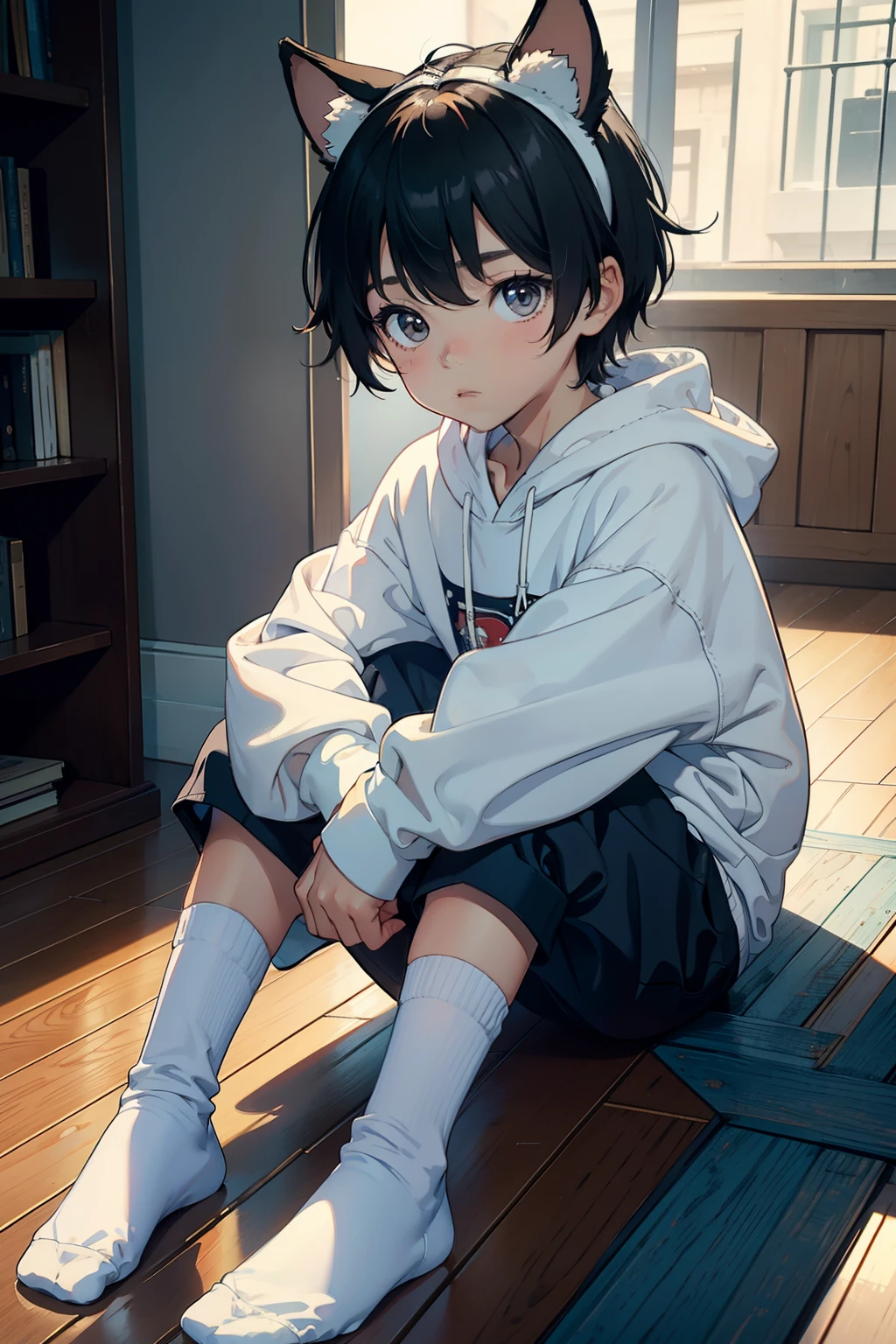 Masterpiece 4～A 6--old  wears white socks and a sweatshirt，Longer hair，There are animal ears