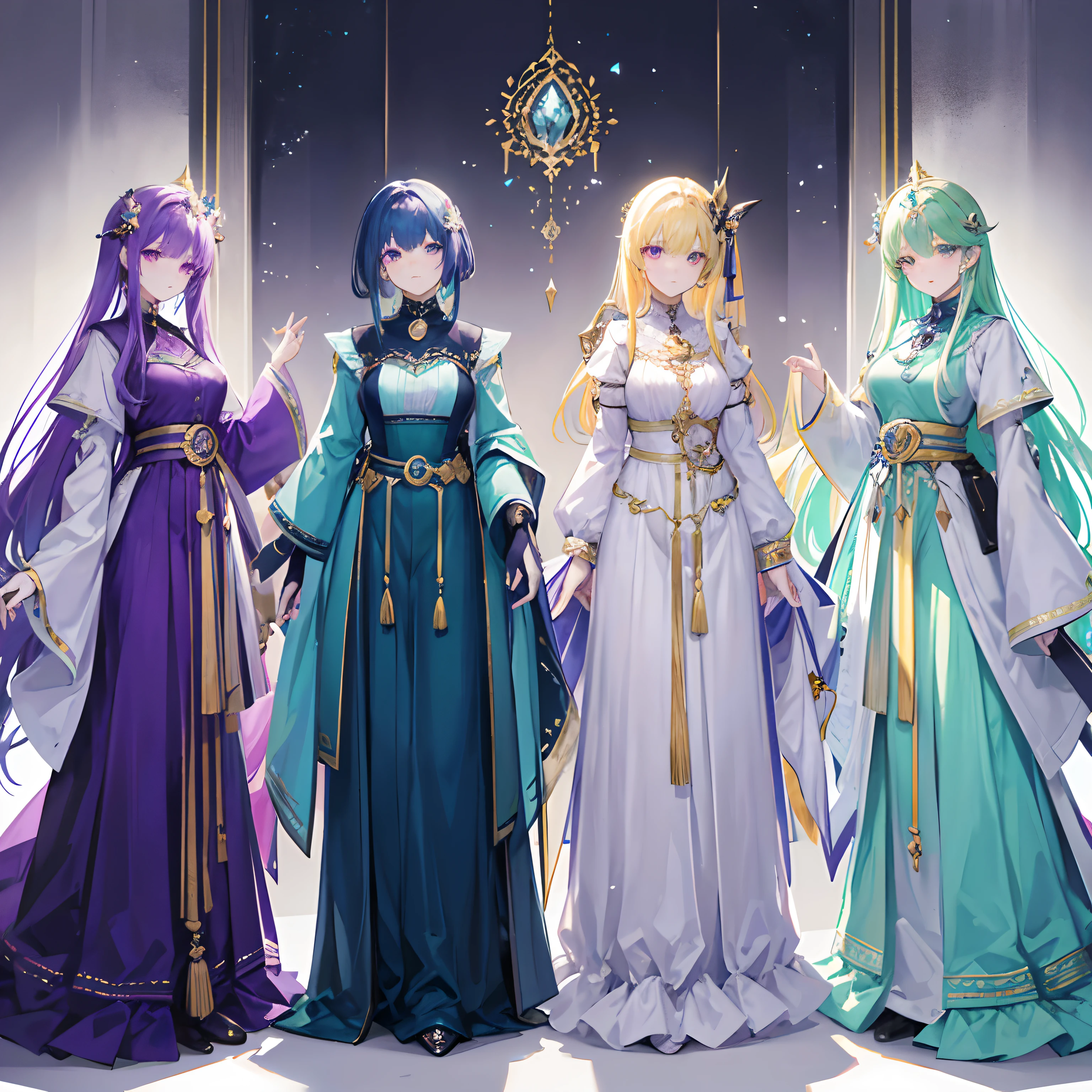 4 people standing next to each other, all are regal people, one is a Capricorn girl with a green aura, another are 2 cancer girl twinsl with a blue aura and the last one is a virgo girl with a purple aura