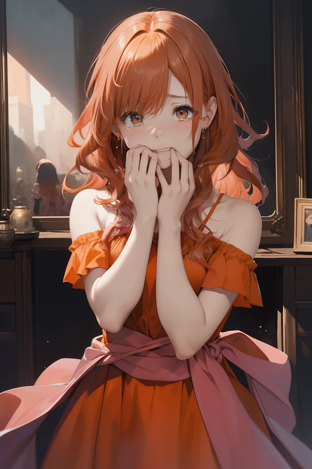 Black background、bustshot、an oil painting、​masterpiece、top-quality、hight resolution、((Orange hair))、Long hair、((Pink dress))、off shoulders、Shoulders are visible、Crying、front facing、Reflection from the waist to the head、Cute crying face