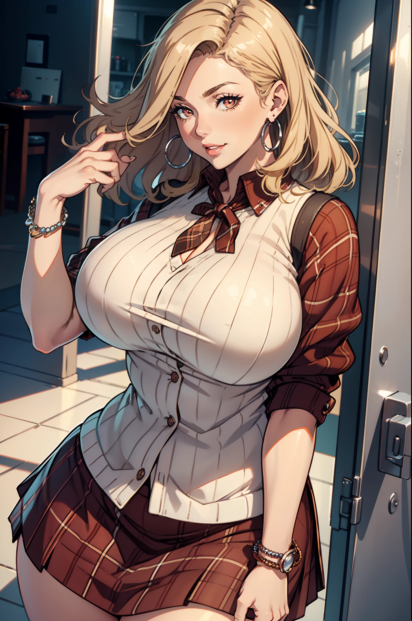 Best quality, solo mature woman, giant breasts, giant ass, very curvy, brown styled hair with blonde highlights, pale red eyes, full lips, seductive, sly smiling, white button up, sweater vest, plaid skirt, bracelets, silver hoops, thick thighs, curvy physique