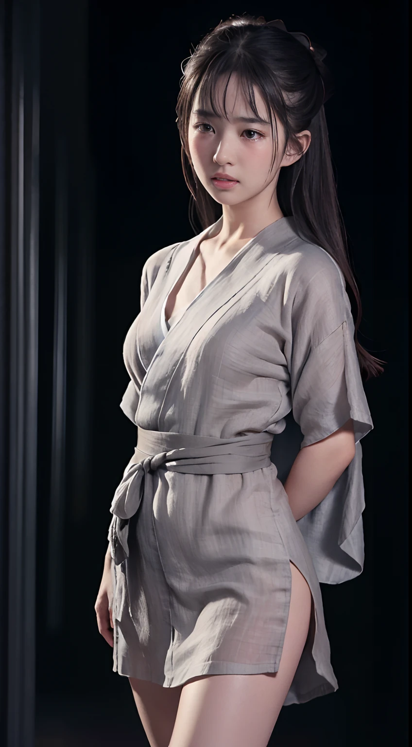 ((Best quality, 8K, Masterpiece :1.3)), Sharp focus:1.2 , Photorealsitic,(Cinematic lighting),Facial detail texture. Eye details. Double eyelids, Slender body. Super small breasts, -yeld gi photo-realistic:1.37,Perfect eyes, ((1 girl in a gray yukata)),(white sash),(Thin fabric),((Ragged linen)),Female prisoners,With a petite figure,brunette color hair,Long hair draped loosely,Qi bangs,Hands tied behind his back,standing with legs apart,Exposing thighs,Full body like,Clothing covers the whole body,folds,((solid color backdrop)),is shy,Be red in the face,weeping,streaming tears,Get wet