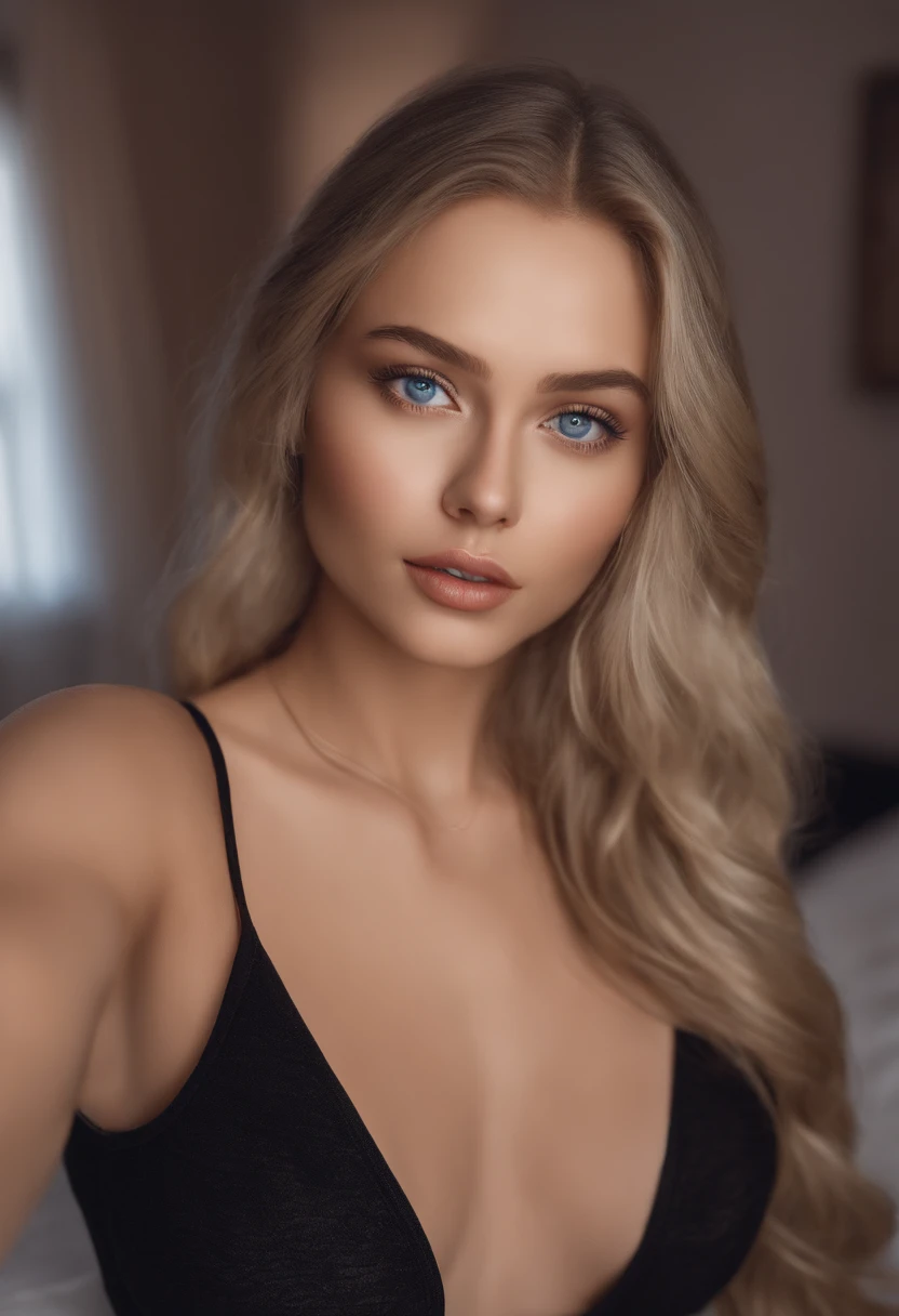 Totally Alafed Women ,  with blue eyes, A hyper-realistic, meticulously detailed, Portrait Sophie Mudd, blonde hair and large eyes, selfie of a young woman, bedroom eyes, Violet Myers, without makeup, Natural makeup, Looking directly at the camera, face with artgram, subtle makeup, Stunning full-body shot of kneeling on bed, at bedroom, Medium to large bust; ; ;