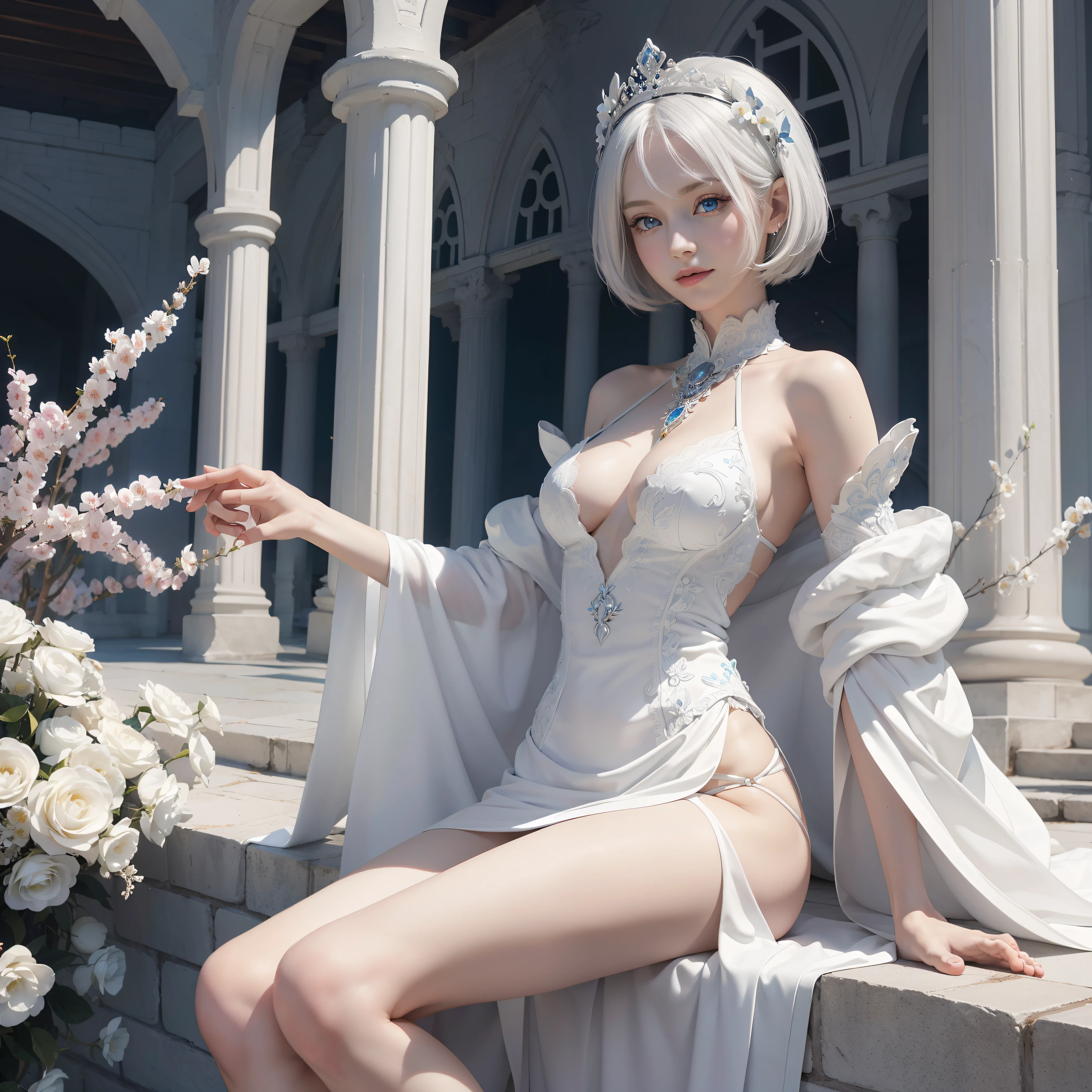 Palace of Heaven,White goddess blue eyes in human shape、beautiful body of a flower of a very attractive age with white pubic hair,,,,,,White Isekai Dress,short-hair,A smile,,Skinny Legs,
