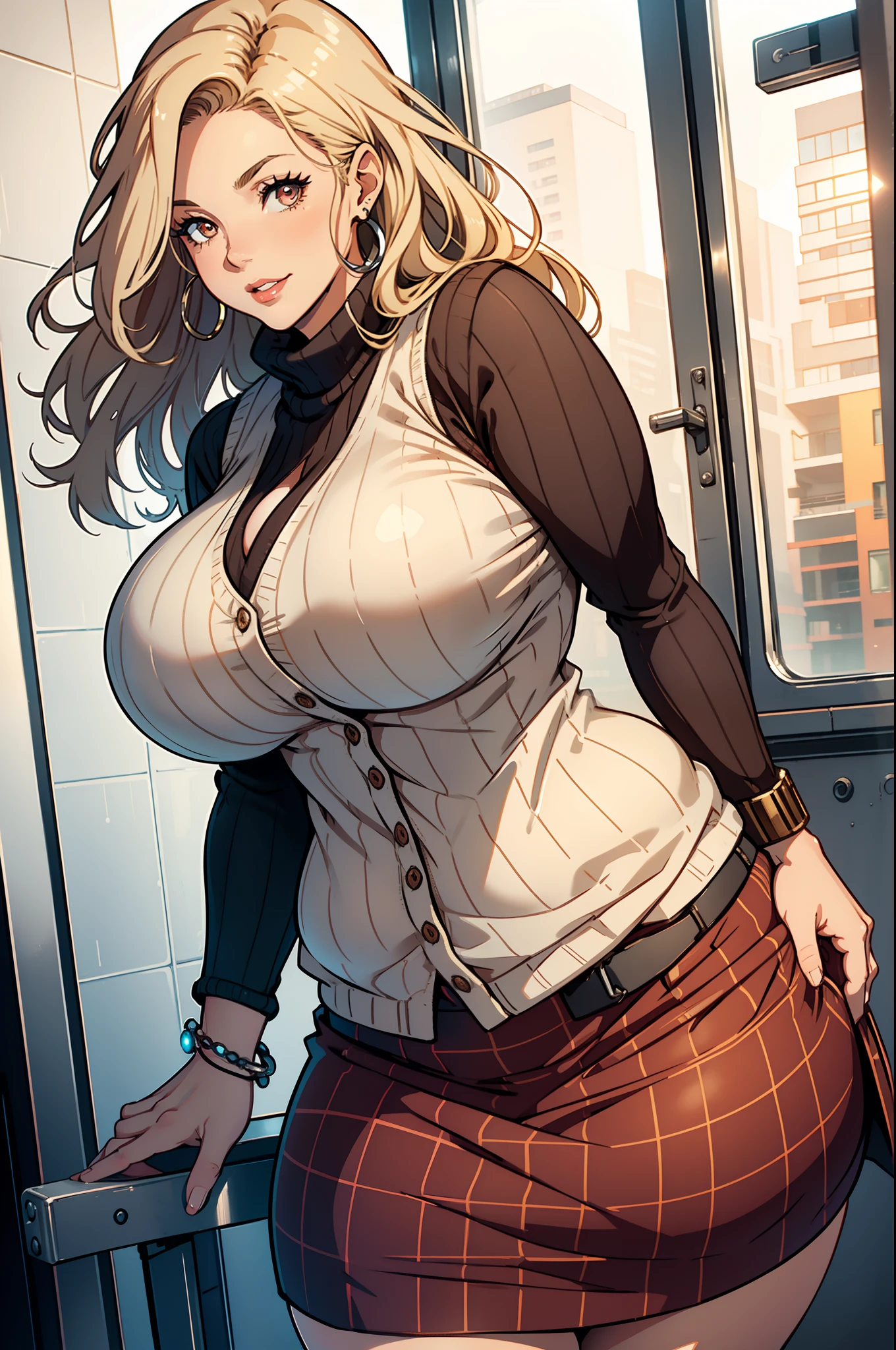 Best quality, solo mature woman, giant breasts, giant ass, very curvy, brown styled hair with blonde highlights, pale red eyes, full lips, seductive, sly smiling, white button up, sweater vest, plaid skirt, bracelets, silver hoops, thick thighs, curvy physique