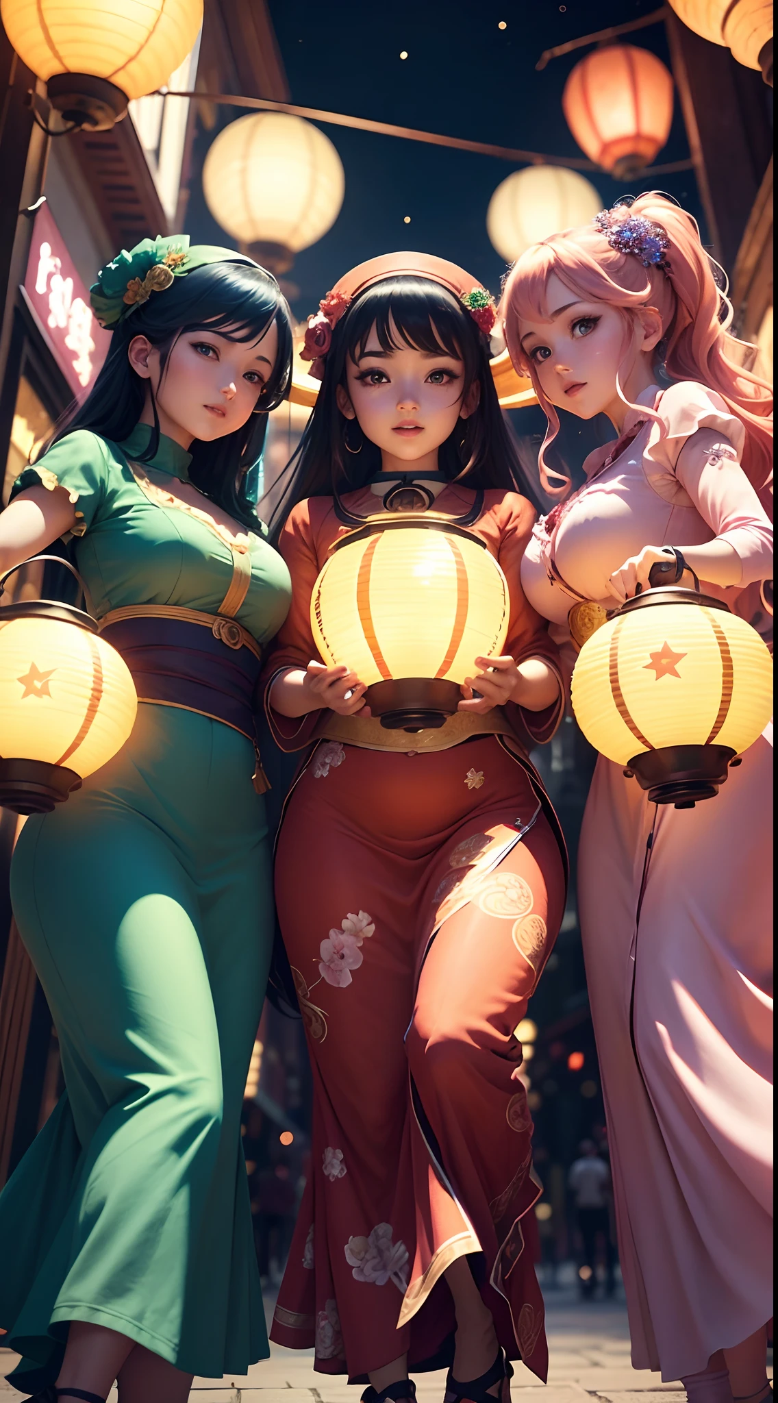 Group of 3 people dancing, beautiful detailed face, anime style, Each person holds a large star-shaped lantern in their hand, vibrant colorful lights on the street, high quality 4k resolution, stunningly vivid colors, captivating lighting