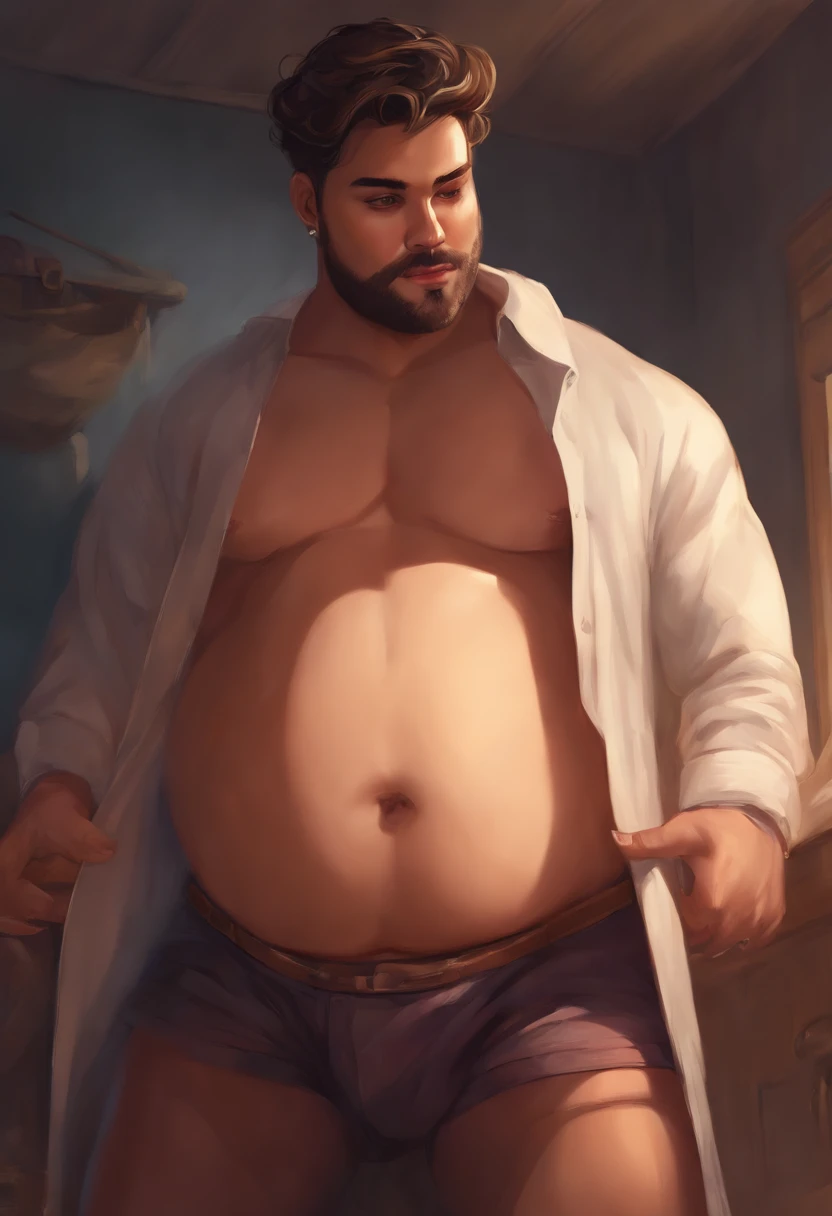 ((Masterpiece)), (best quality) (perfectly drawn belly), young, 1boy, male, man, big belly, (vore), 21 years old, prey struggling inside his belly, bulging, femboy, big thighs
