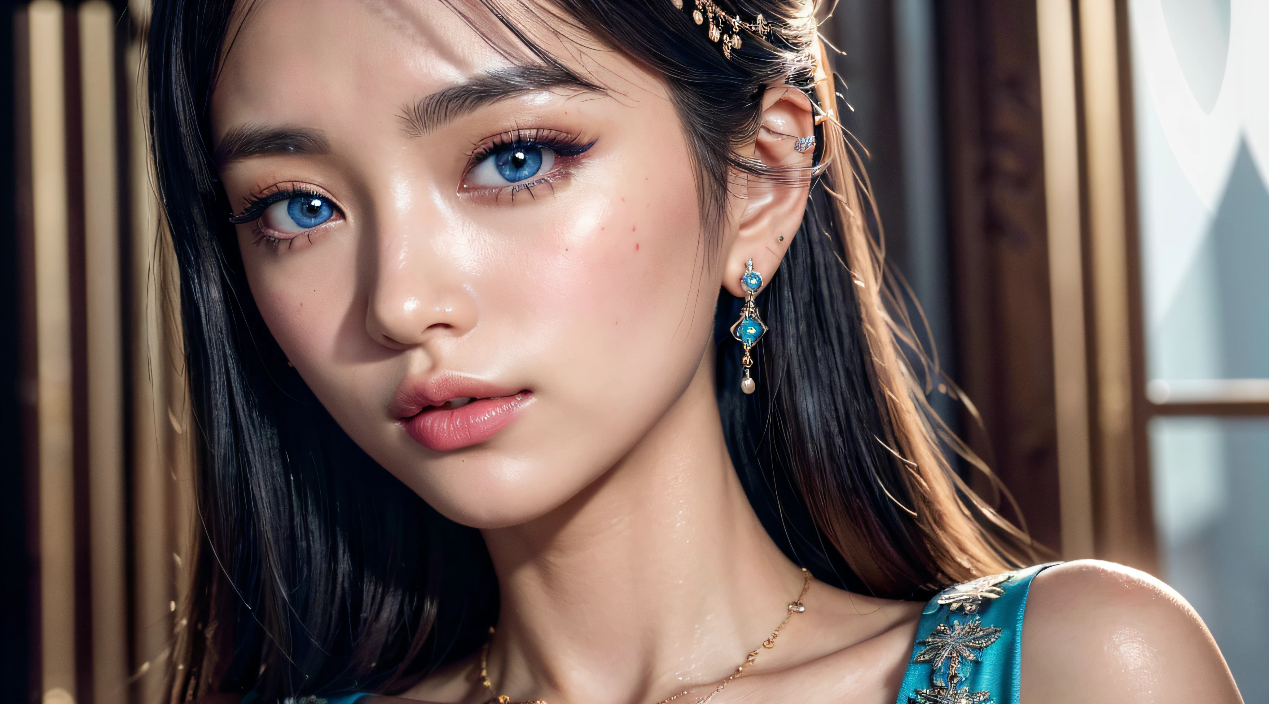 (8k, RAW photo, photorealistic)+ ,( lipgloss, eyelashes, gloss-face, glossy skin, best quality, ultra highres, A princess with bright blue eyes, asian girl, symetrical face, jewellery, locket, earings, intricate details, 4K, 8k, hd