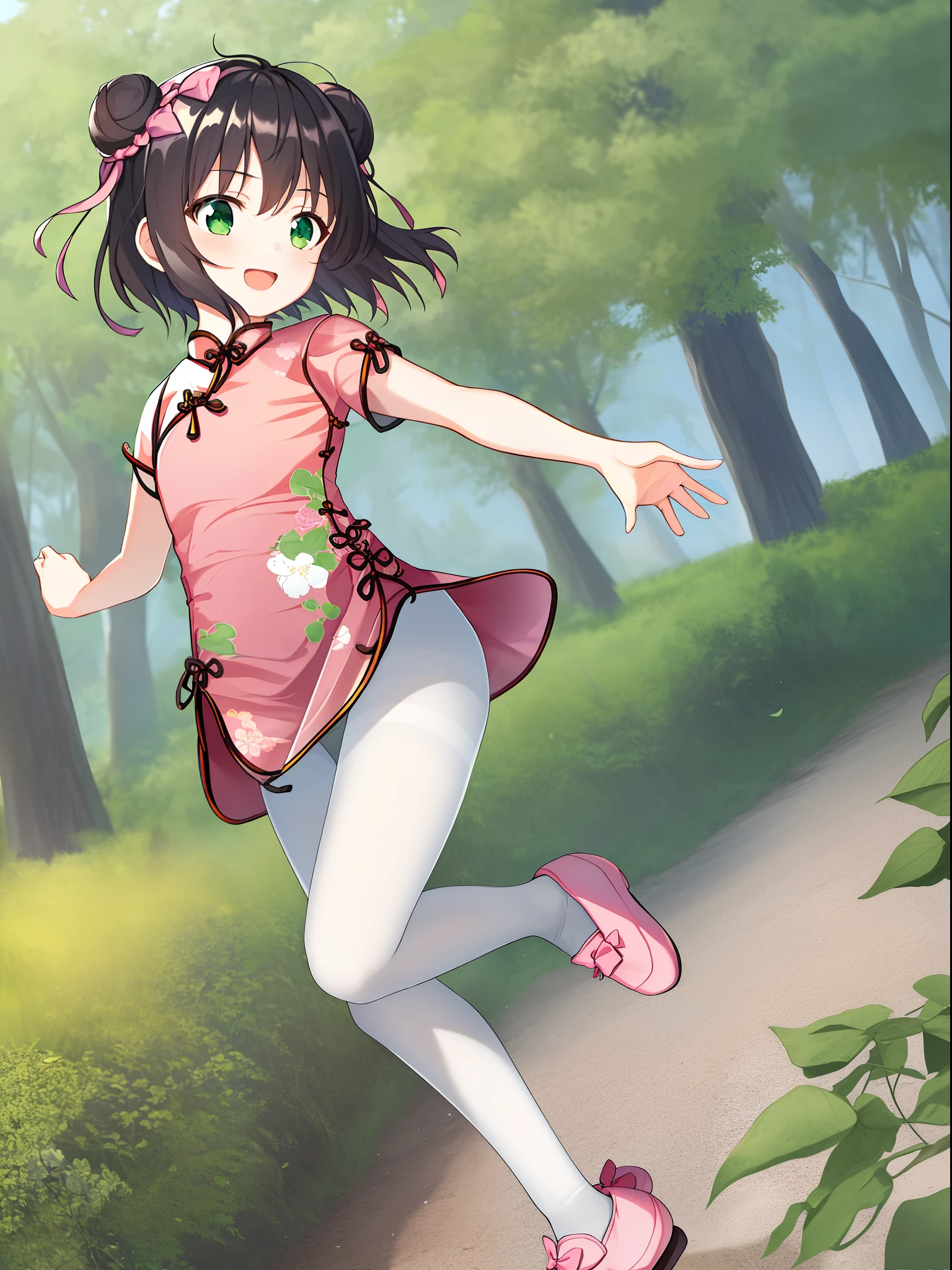 1 girl, solo, masterpiece, highres, ultra details, CG quality, cute loli, full body, (from side:1.2), black hair, green eyes, high quality eyes, high quality hands, (twin buns:1.3), (hair bows:1.3), (short hair:1.6), (pink short cheongsam:1.6), no sleeves, small breast, silver bangles, (white embroidered pantyhose:1.3), (pink traditional-style flat shoes:1.5), bows on shoes, delighted, carrying a flower basket, spinning on tiptoe, forest, high quality background, depth of field