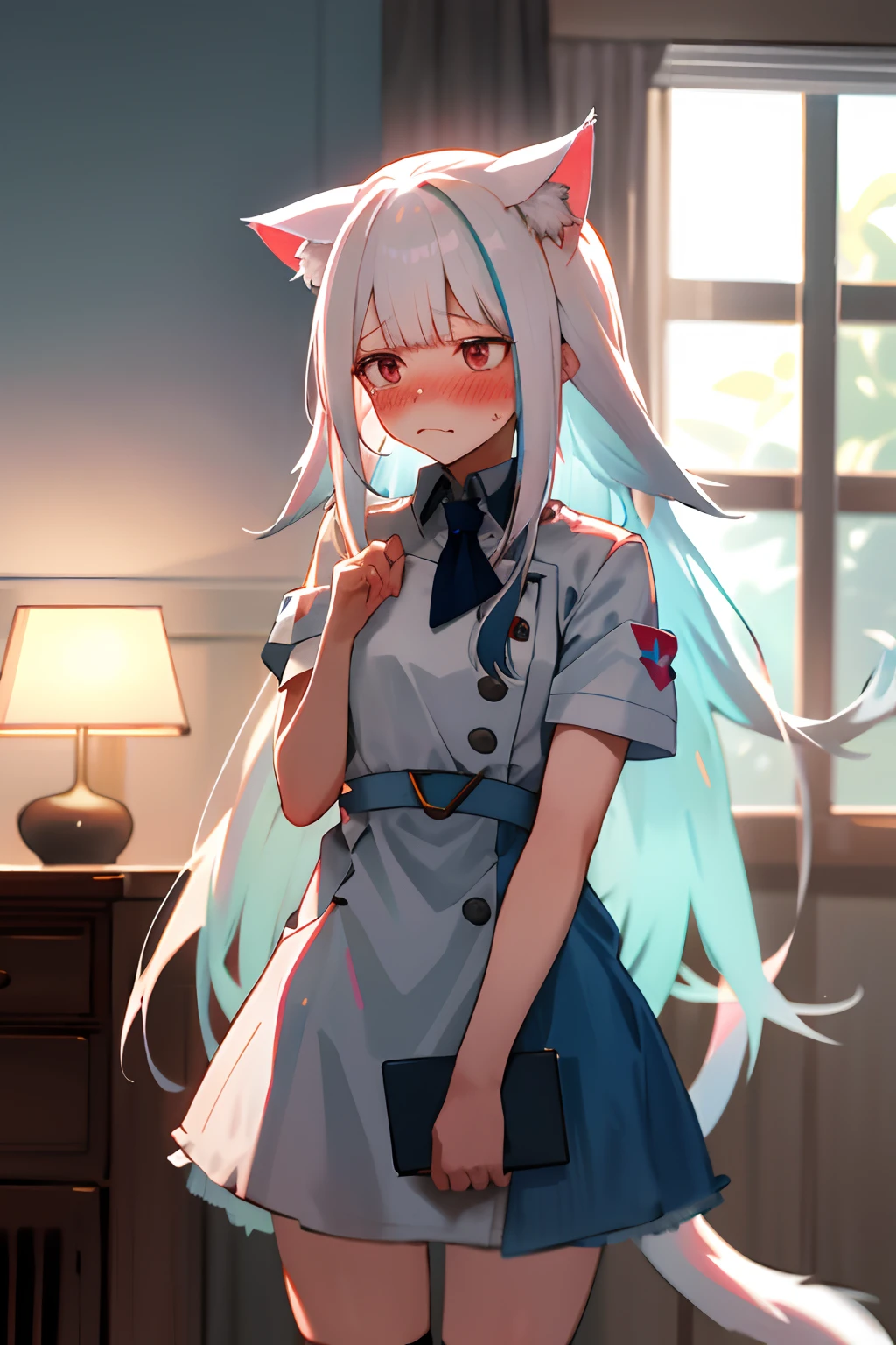 One girl with long hair, white hair, looking away, embarrassed, blushing, mouth small open, indoor, nurse, white shirt, thigh, cat ears, cat tails