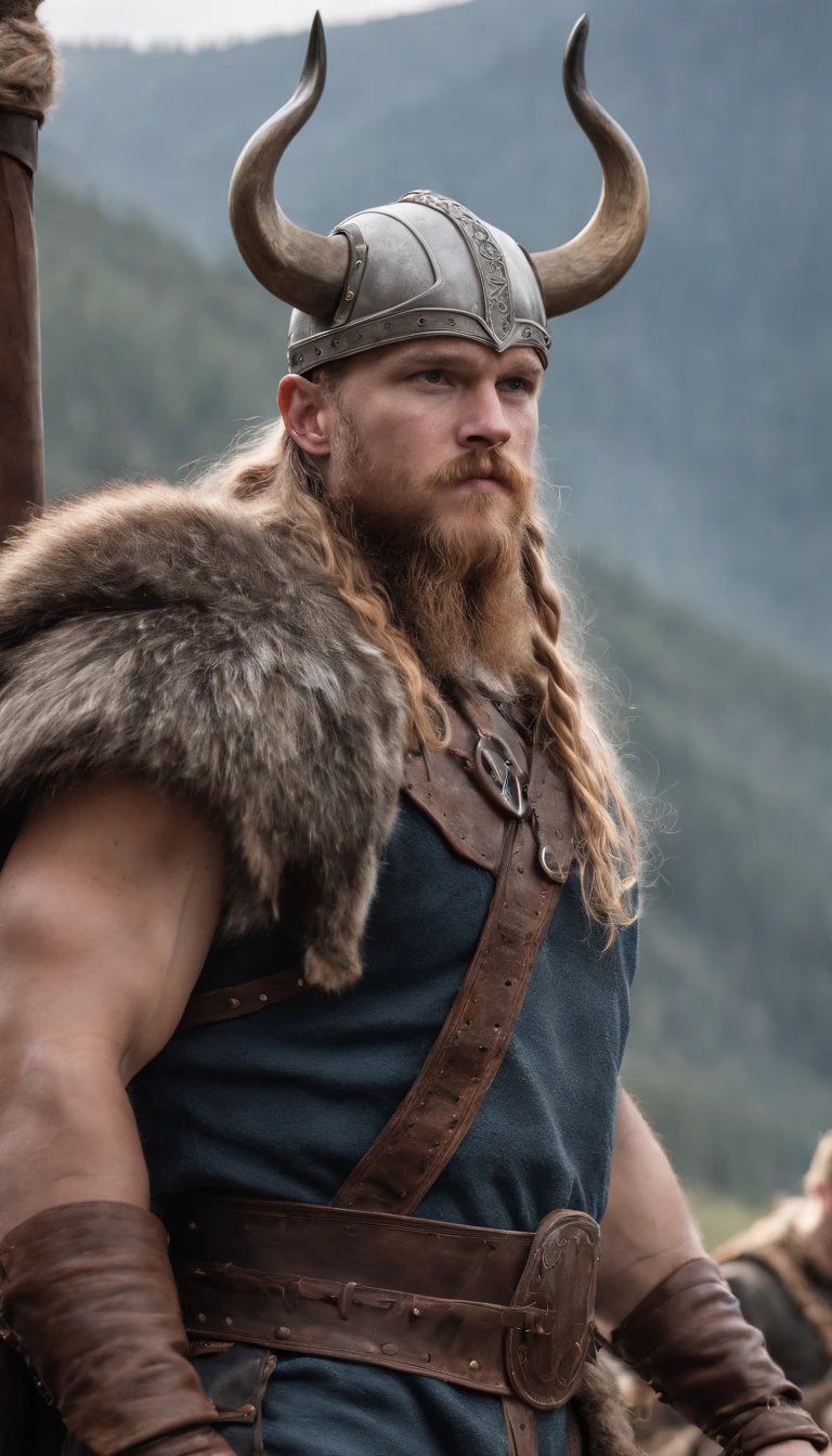 photo of muscular Viking with large cock, topless, shirtless, barechest, warm summer evening, lake background, dramatic light, very handsome, long hair