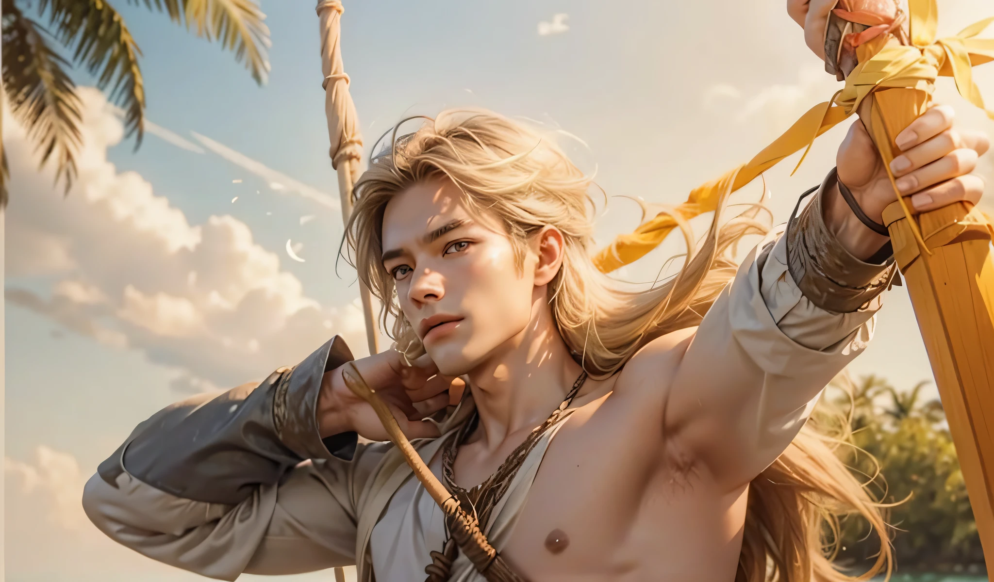 (max resolution: 1.2), (Ultra HDTV: 1.2), 8K resolution, Eye and skin details, face details, , (Sharp focus: 1.2), (Precise focus) sharp face: 1.2), Boy, Standing, Long hair, Blonde, Shirtless, Exposed pecs, Six pack abs, transparent white briefs, Summer, Ocean water, Blue sky, Sunny, White clouds , Sunlight, Table made of water, Trees, Coconut tree, (Holding bow in hand), (Bow made from sea water)