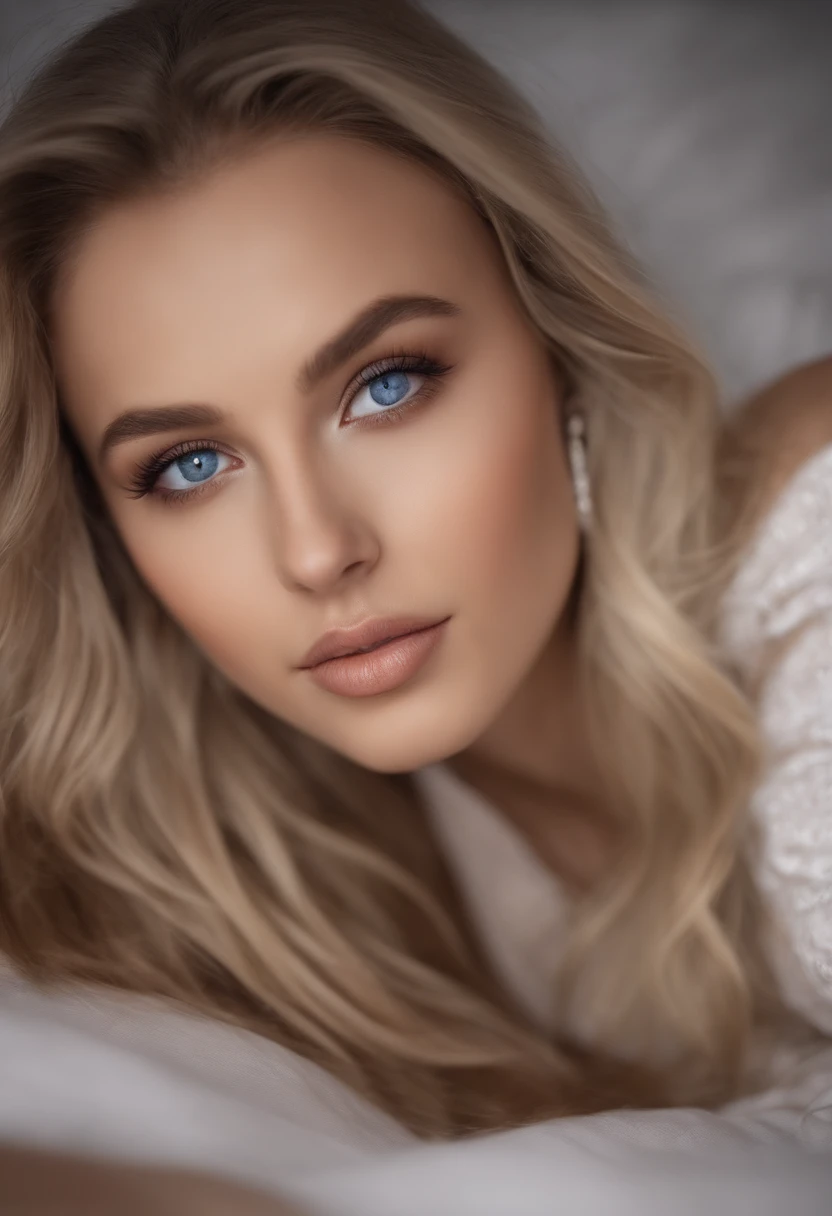 Totally Alafed Women , Sexy girl with blue eyes, A hyper-realistic, meticulously detailed, Portrait Sophie Mudd, blonde hair and large eyes, selfie of a young woman, bedroom eyes, Violet Myers, without makeup, Natural makeup, Looking directly at the camera, face with artgram, subtle makeup, Stunning full-body shot of kneeling on bed, at bedroom, Medium to large bust; ; ;Naked