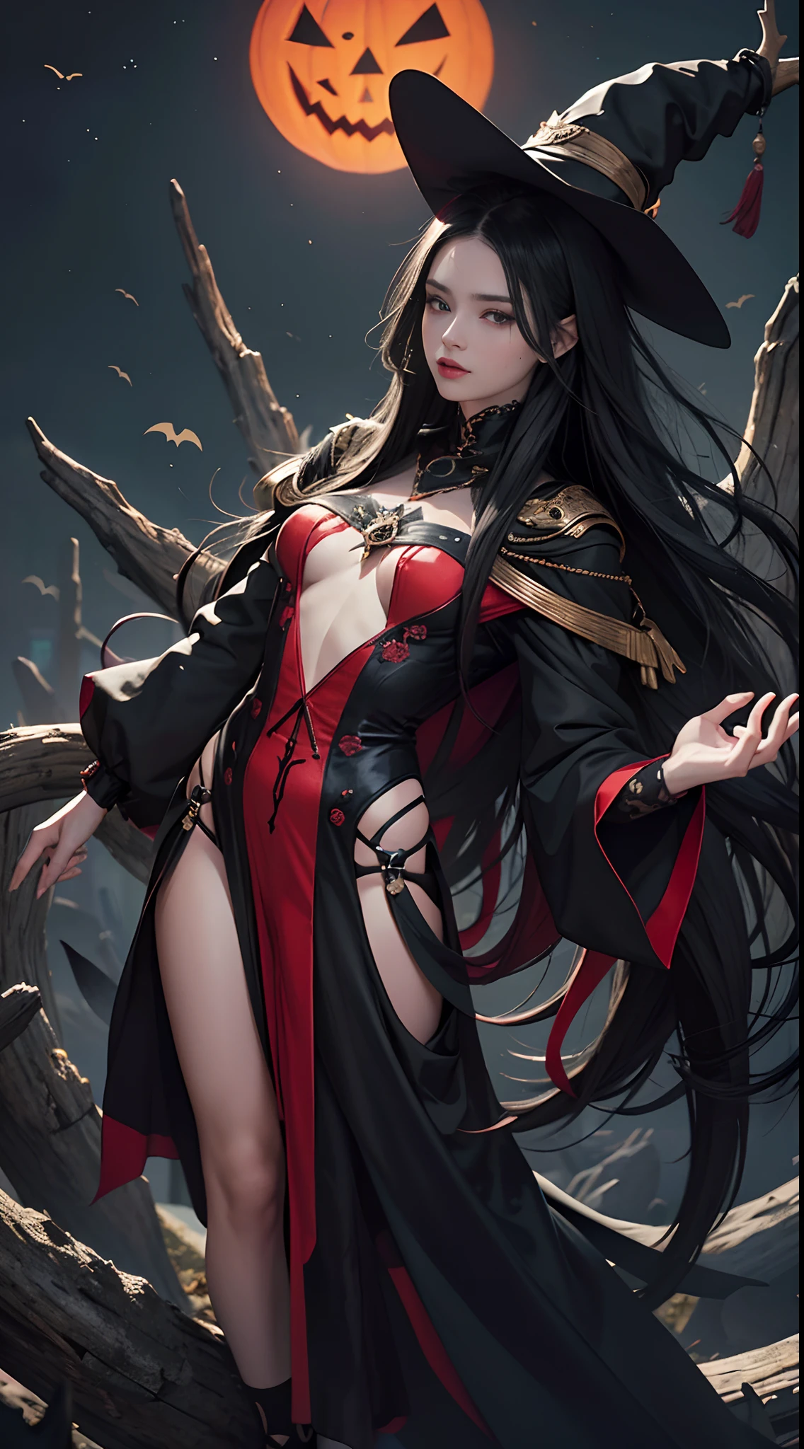 (Best Quality,4K,High resolution), the witch，Jet black hair on a black body，sharp eye，Red glowing eyes，Facial expression enhancement，Delicate illustrations drawn in detail，Realistic skin texture expression，Realistic portrayal，Vibrant colors，expresive，Classic background(Best Quality,4K,High resolution), Comical appearance，(Best Quality,4K,High resolution), 18yo woman, Red highlights on black hair, Long hair, Straight hair, Cool Woman,Cold eyes ,sharp eye，Intricately decorated clothing，the witch，comic strip，animesque，Comical illustration，busy，Deformed cute illustration，Evil Fight，Full body projection，Halloween，Dark worldview