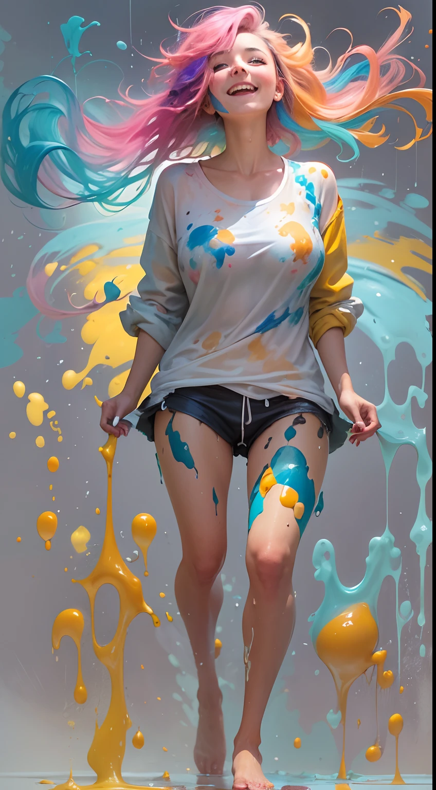 Woman spinning happily in the rainy paint, Paint Rain, Thick paint rainbow hair, Paint-covered body, enjoyable, ((BAPV)), calm expression, relaxed, gentle smiling, (Clothes made of liquid paint)), Front view, ((Small breasts, Relaxed face, Comfortable shoulders)), ((Dynamic Pose)), Liquid Details, correct anatomy, You can see both arms.