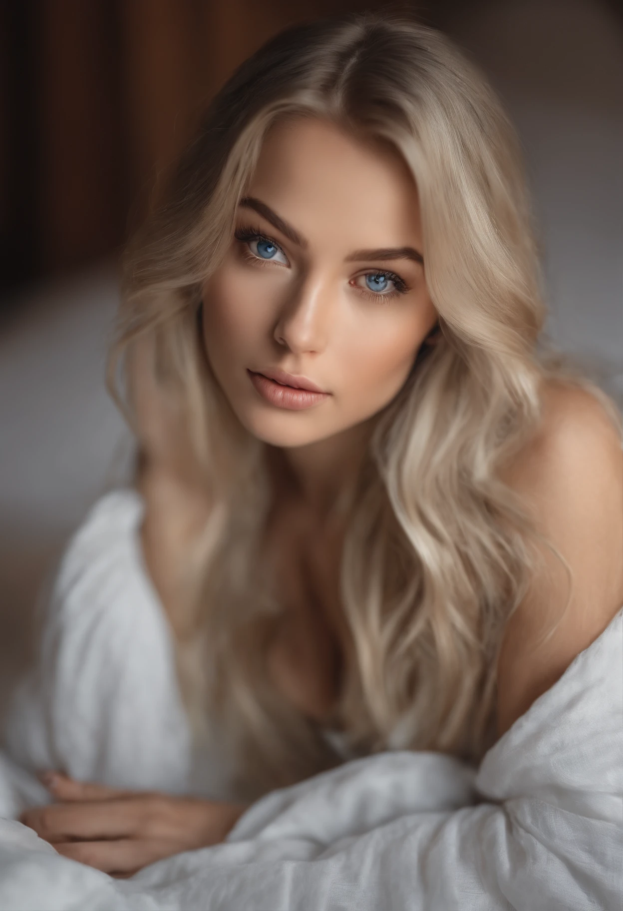 Totally Alafed Women , Sexy girl with blue eyes, A hyper-realistic, meticulously detailed, Portrait Sophie Mudd, blonde hair and large eyes, selfie of a young woman, bedroom eyes, Violet Myers, without makeup, Natural makeup, Looking directly at the camera, face with artgram, subtle makeup, Stunning full-body shot of kneeling on bed, at bedroom, Medium to large bust; ; ;Naked