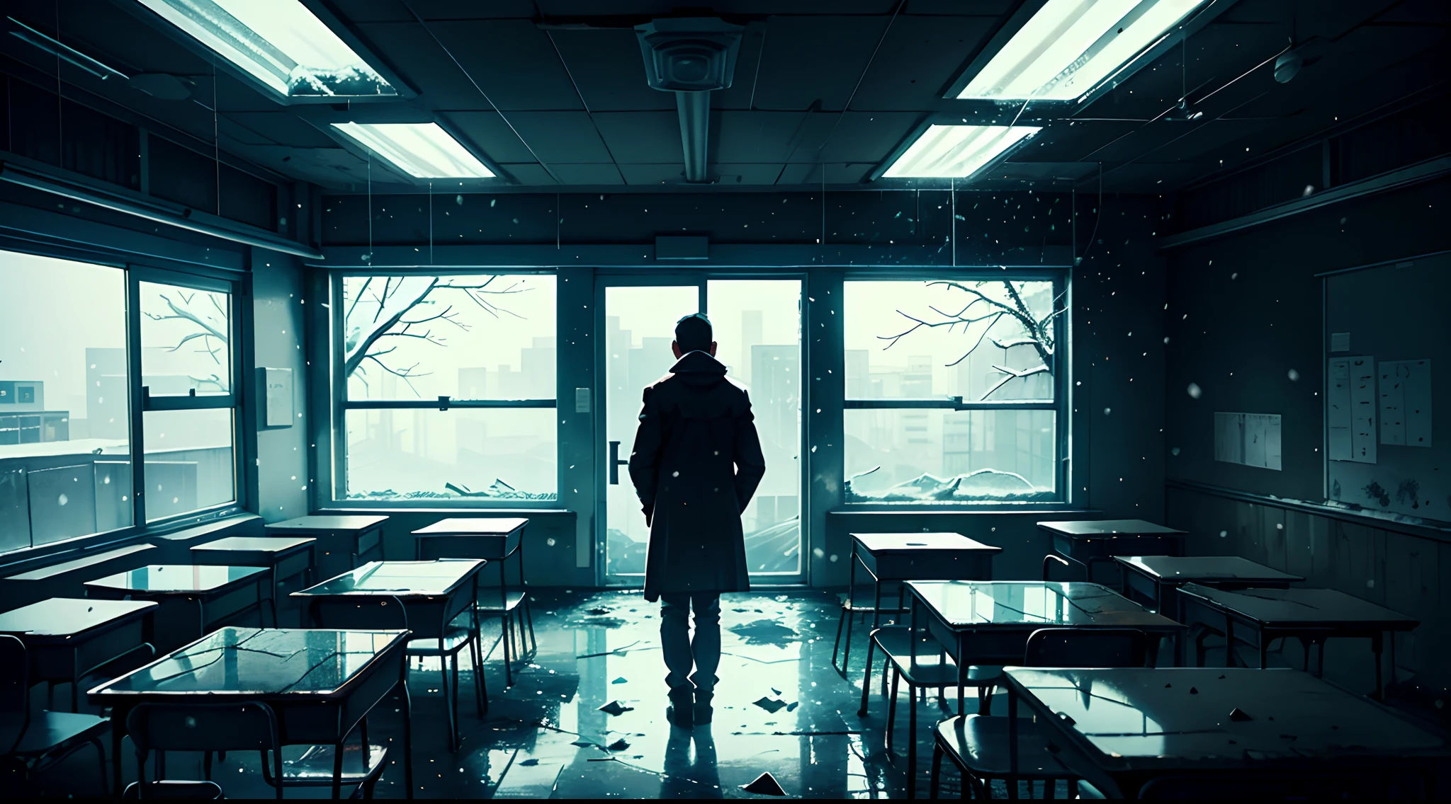 A teacher standing alone in a post apocalyptic classroom, (snowing) , dark, depressing, ((bleak mid winter)) , (broken glass:1.2)