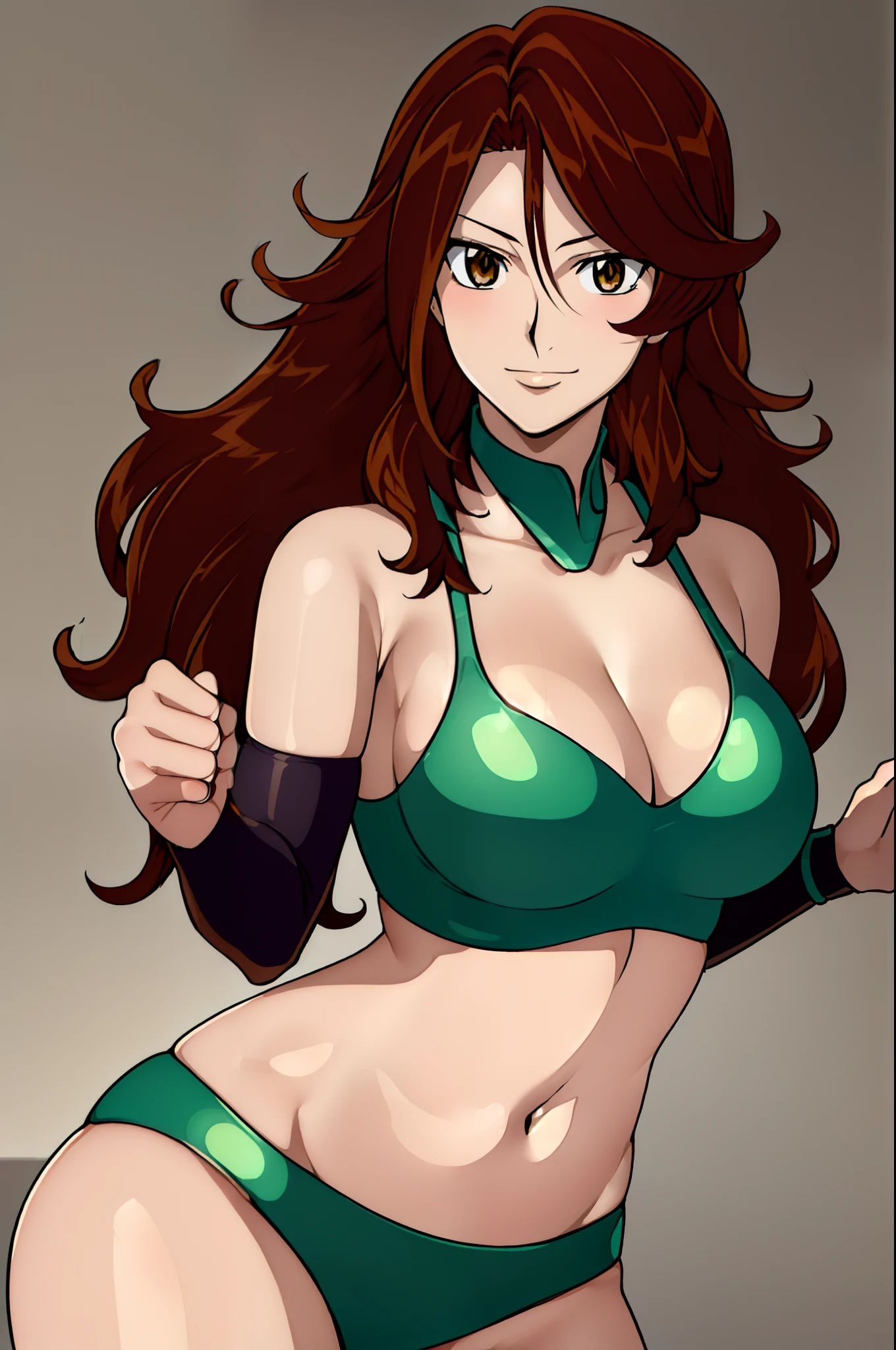 cowboy shot, ultra detailed face, 4k, Sumergai Lee Noriega, best quality, anime style, hires, highest definition, digital blending, bold drawing lines, ((weak body, female wrestler), (slender body), mature woman, (wrestling gear, collar band), victorious, gorgeous, winner, confident face, smile, (closed mouth), (pale skin, shiny skin, lighting and shadow), (cleavage), (clean face), (warming up), closed fists, (curly hair, long hair), 27 years old,