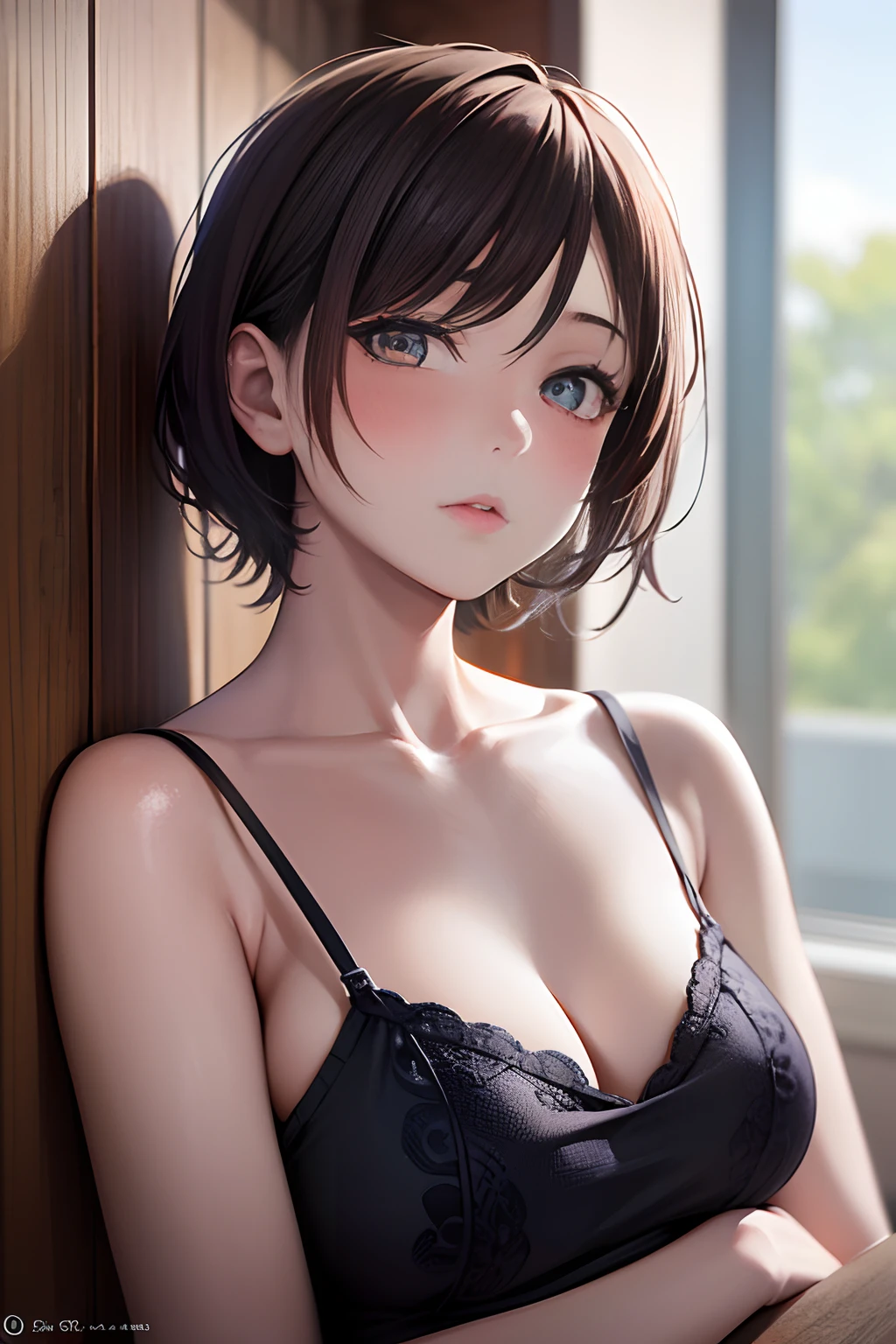 Highly detailed CG unity 8k wallpaper, of the highest quality, Super detailed, extremely detailed cute girl, 25 years old, (beautiful detailed eyes:1.3), peeping at the viewer, Blush, parted lip, Upper body , (Underarms) , (perspired) , camisole , 浴室, (Anime style:1.2),