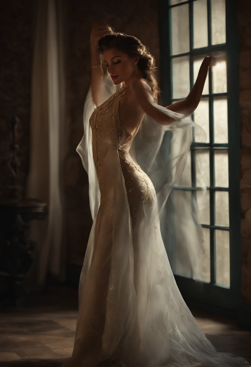Redhead, princess, adorned with pearls, flowers, white silk drapery, elegant pose, soft lighting, in nude, back pose.