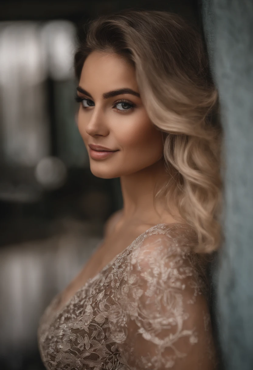 Influencer de Instagram femenina blanca realista, La mejor calidad, rubio, 1 girl, ojos azules, en vestido corto ajustado blanco