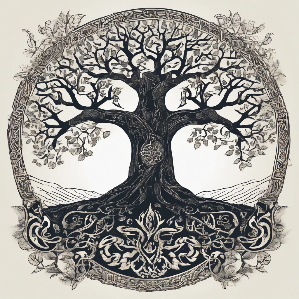 (ultra-detailed,photorealistic:1.37),vibrant colors,Celtic Tree of Life,beautifully detailed branches and roots,ornate Celtic knotwork,ancient symbolism,nature,harmony,serene atmosphere,majestic size,impressive appearance,ethereal lighting,fine brushstrokes,textured bark,natural elements,stunning green leaves,delicate balance of life,intricate patterns,spirituality and connection,imposing trunk,strong and sturdy,peaceful surroundings,tranquil energy,dream-like setting,mythical and mystical,dense forest background,sunlight filtering through branches,dappled shadows,magical aura,deep sense of history,rich cultural meaning,whispering winds and rustling leaves,dancing sunlight and gentle breezes,centuries of wisdom and folklore,profound connection between earth and sky.