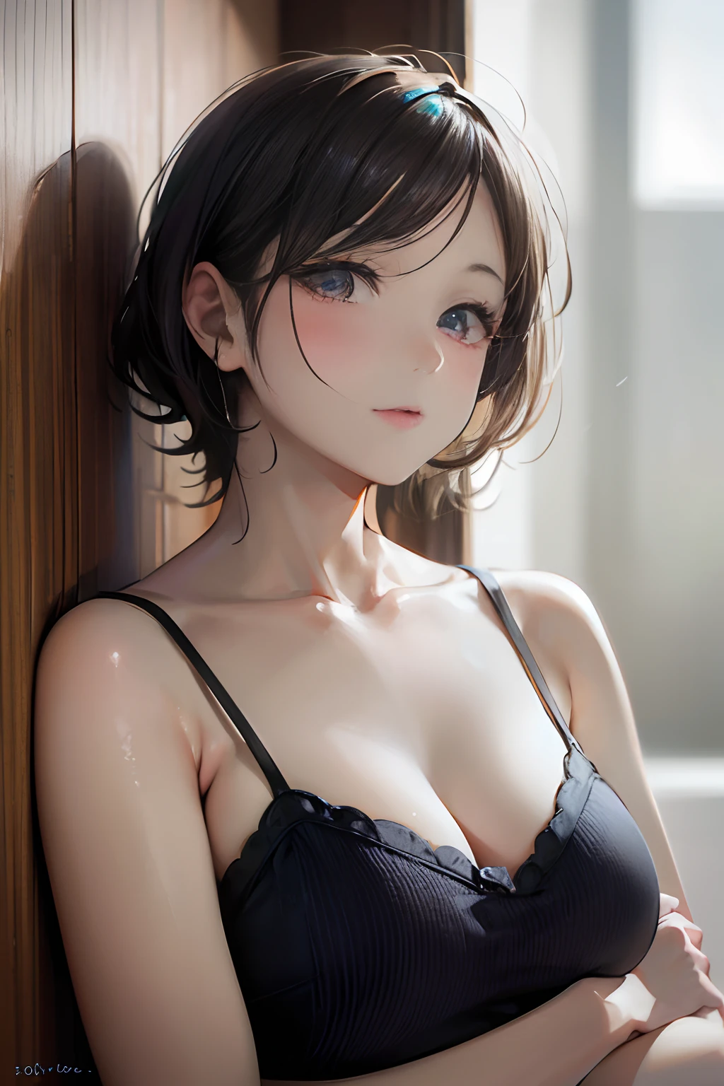 Highly detailed CG unified 8k wallpaper, highest quality, super detailed, Very detailed cute girl, 25 years old, round eyes, peek at the viewer, blush, parted lips, Upper body , (armpit) , (Sweating) , camisole , bathroom, （anime style：1.2）