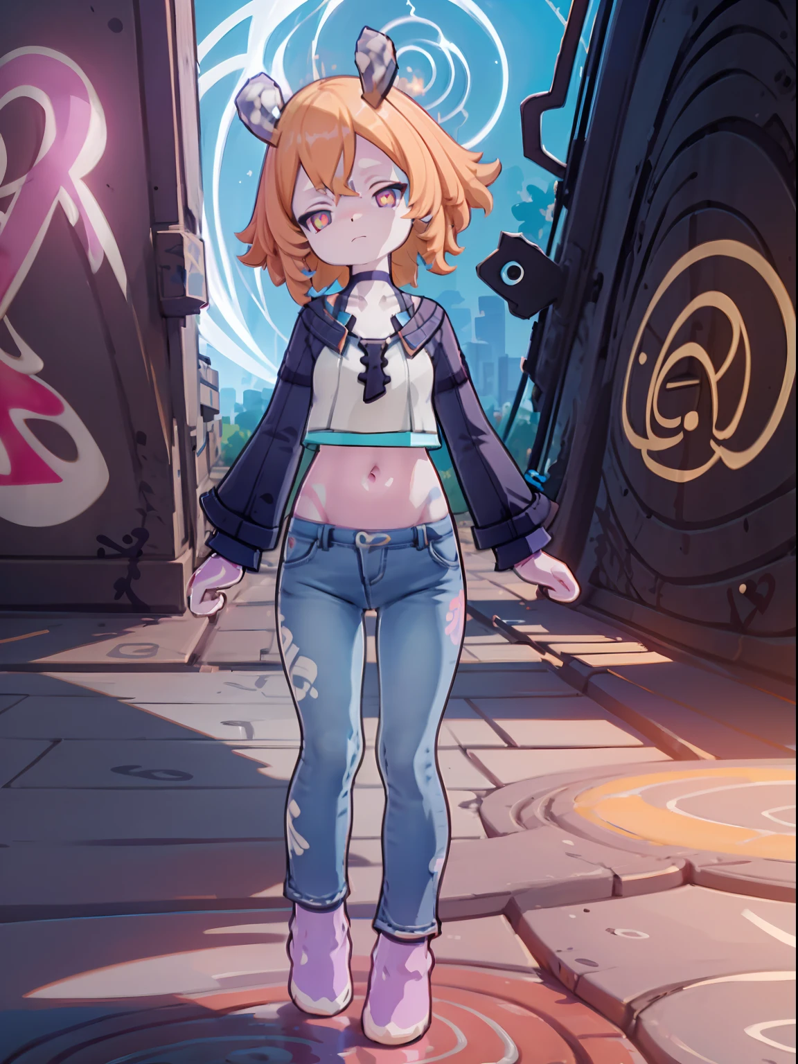 Melousine | genshin impact, master-piece, bestquality, 1girls,25 years old, proportional body, elongated legs, proportional., crop top, Long Jeans, mediuml breasts, ,bara, crop top, choker, (Graffiti:1.5), Splash with purple lightning pattern., arm behind back, against wall, View viewers from the front., Thigh strap, Head tilt, bored,