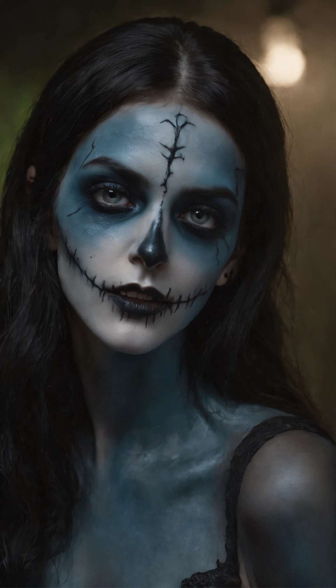 (masterpiece, best quality:1.2), (((1man, male))) , solo, highres, best quality, Half body shot of a strong Man, pale white skin ((angry man)) with (((black metal make-up))), heavy White and Black face paint, in a gothic cemitery, at night, horror movie. high details, super detail, textured skin, masterpiece, UHD, 4K, 8k. ((Cinematic lighting)).