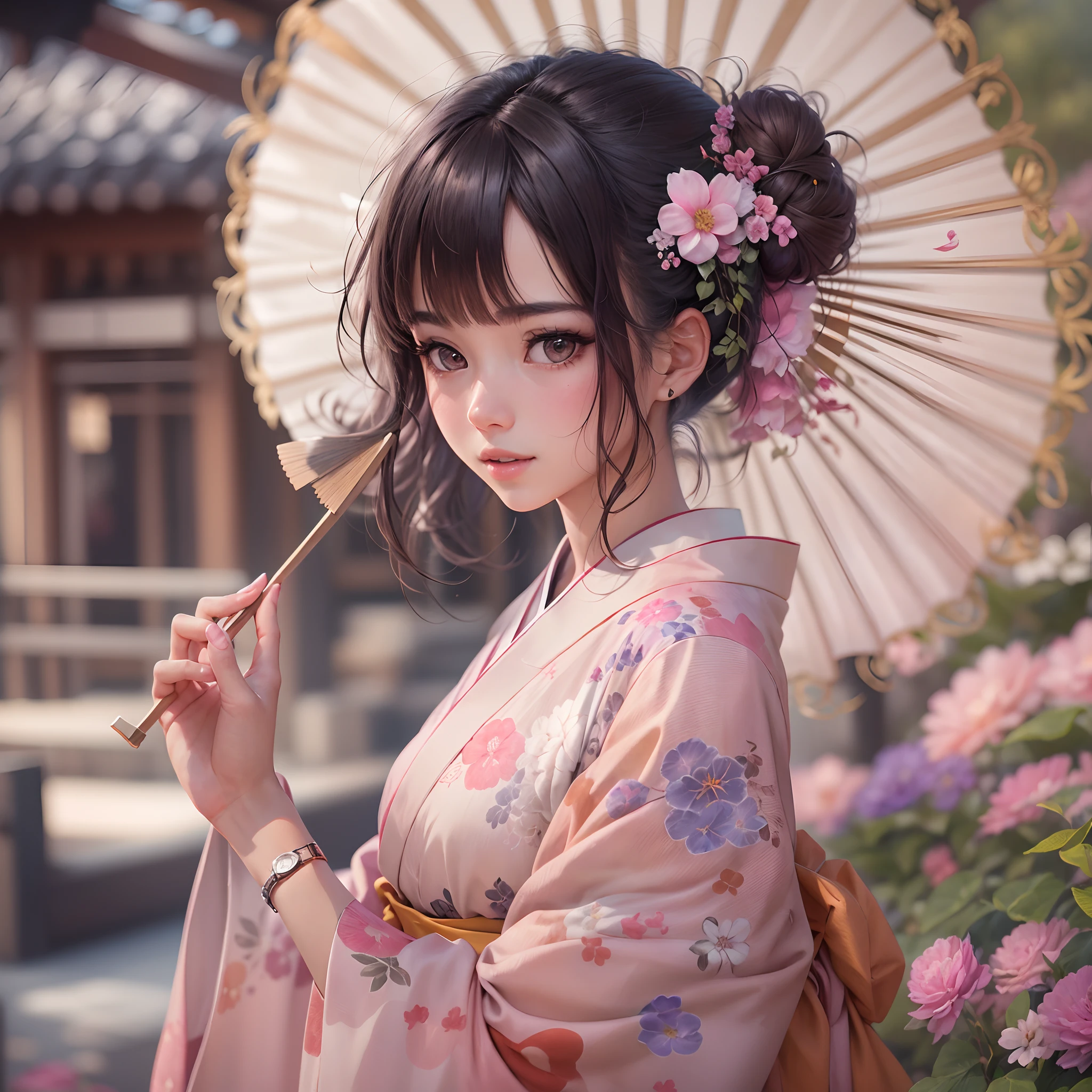 Beautiful detailed girl from Washizu, Whole body, view straight on, focus on girl, Watch birds, Petite, girl,Woman,Female, 年轻,20 years old, Medium Hair, Bangs, hair between eye, Double bun, Black hair, beautiful detailed hair, Delicate beautiful face, lightsmile, complex details beautiful and delicate eyes, parted_Lips, Delicate and delicate hands,Fine fingers，Holding a fan in your hand， Small_breasts, , Brown eyes, flower, Kimono, Black_Footwear, Floral_print, Pink clothes, Outdoors, Japanese style architecture, absurderes, extremely detailed CG unified 8k wallpaper, very precise details,