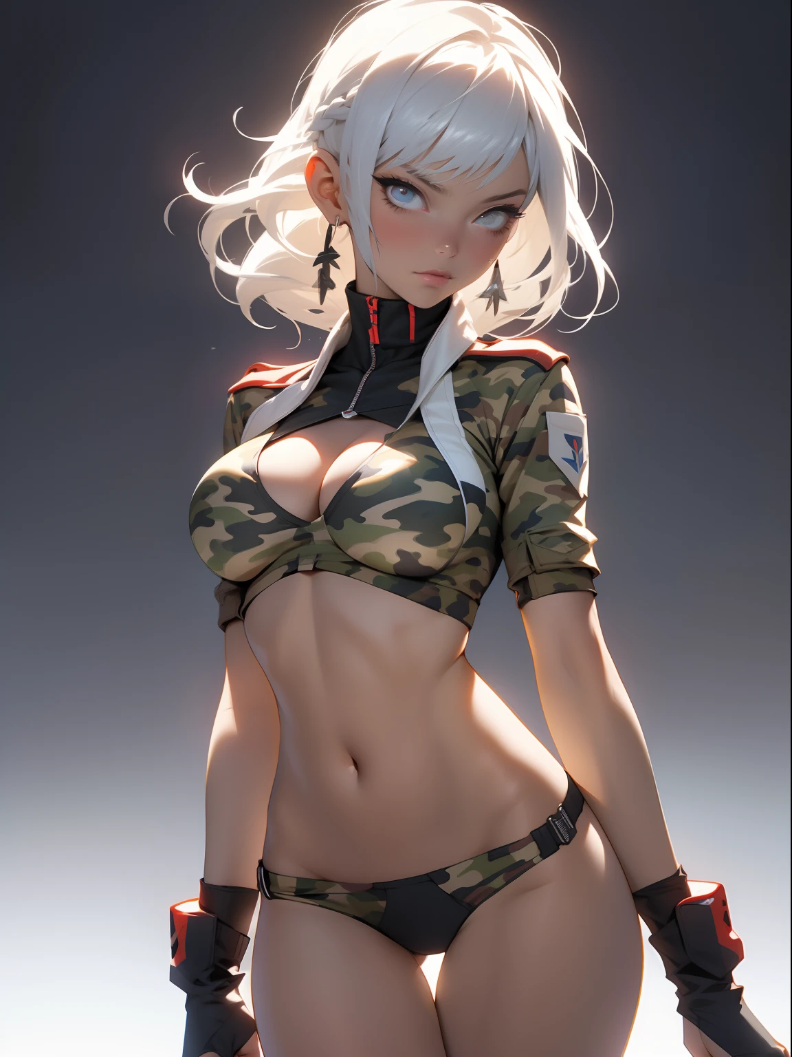 ((Best quality)), ((Masterpiece)), (Detailed: 1.4), (Absurde), A female fighter pilot ready for war in a military bikini, marin, dark skinned, Sculpted body defined, corps entier, Cuisses nues, mouth closed, Cyberpunk, half-naked, generous neckline, ((Perfect huge breasts)), (Yeux bleu clair super clairs sans pupilles), (((Bikini camouflage militaire)), (((cheveux blancs avec tresse)))), longs cils maquillage lourd, porte-jarretelles, jumeler beaucoup, niji --V5, close to real, psychopathe, visage parfait, sexy pose, Background with a giant Evangelion head, 2 piece clothes, cake, centered, scale to suit dimensions, Hdr (High Dynamic Range),Ray Tracing, NVIDIA RTX,Super-Resolution,Unreal 5,Dispersion souterraine, PBR Texture, Post-traitement, Filtrage anisotrope, profondeur de champ, Maximum Clarity and Sharpness, Textures multicouches, Albedo and specular maps, Ombrage de surface, Accurate Simulation of Light-Material Interaction, Proportions parfaites, Rendu octane, two tone lighting, Grande ouverture, ISO faible, Balance des blancs, Rule of Thirds, 8K RAW, Crysisnanosuit Bikini, thigh gap, belles hanches, Cowboy-shot
