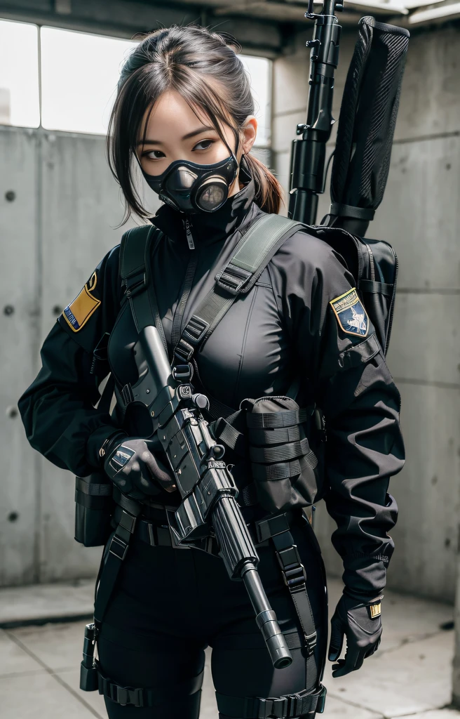 Highest image quality, outstanding details, ultra-high resolution, (realism: 1.4), ((close up:0.75, from front)), Photorealistic, highly condensed 1 lady, full body, aiming with a rifle, Combat pose, (Detailed face), looking at the camera, (wearing nylon rash-guard as police uniform, gloves, black and gray mecha, wearing futuristic-gasmask, military harness, holding a machinegun, carrying hich-tech-backpack), background grey, Fingers are occluded