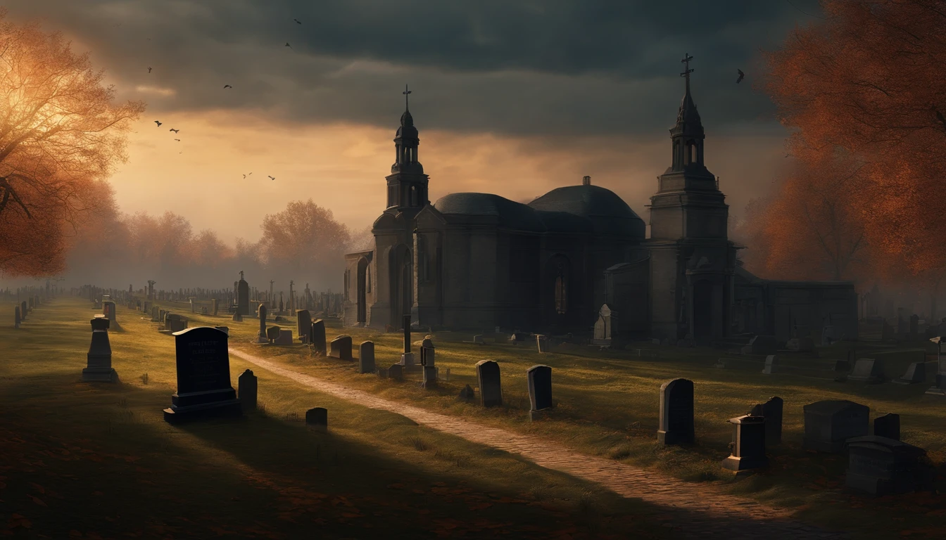 There is a cemetery，There are a lot of tombstones in the background, alexey egorov, author：Eglon van der Neer, bussiere rutkowski andreas rocha, eerie nostalgic concept art, background artwork, author：Otakar Kubin, martin raphael lacoste, graveyard landscape, graveyard background, graveyard, Cemetery, stefan koidl inspired , Realistic, Ultra photo realsisim, Super realistic，The picture was burned