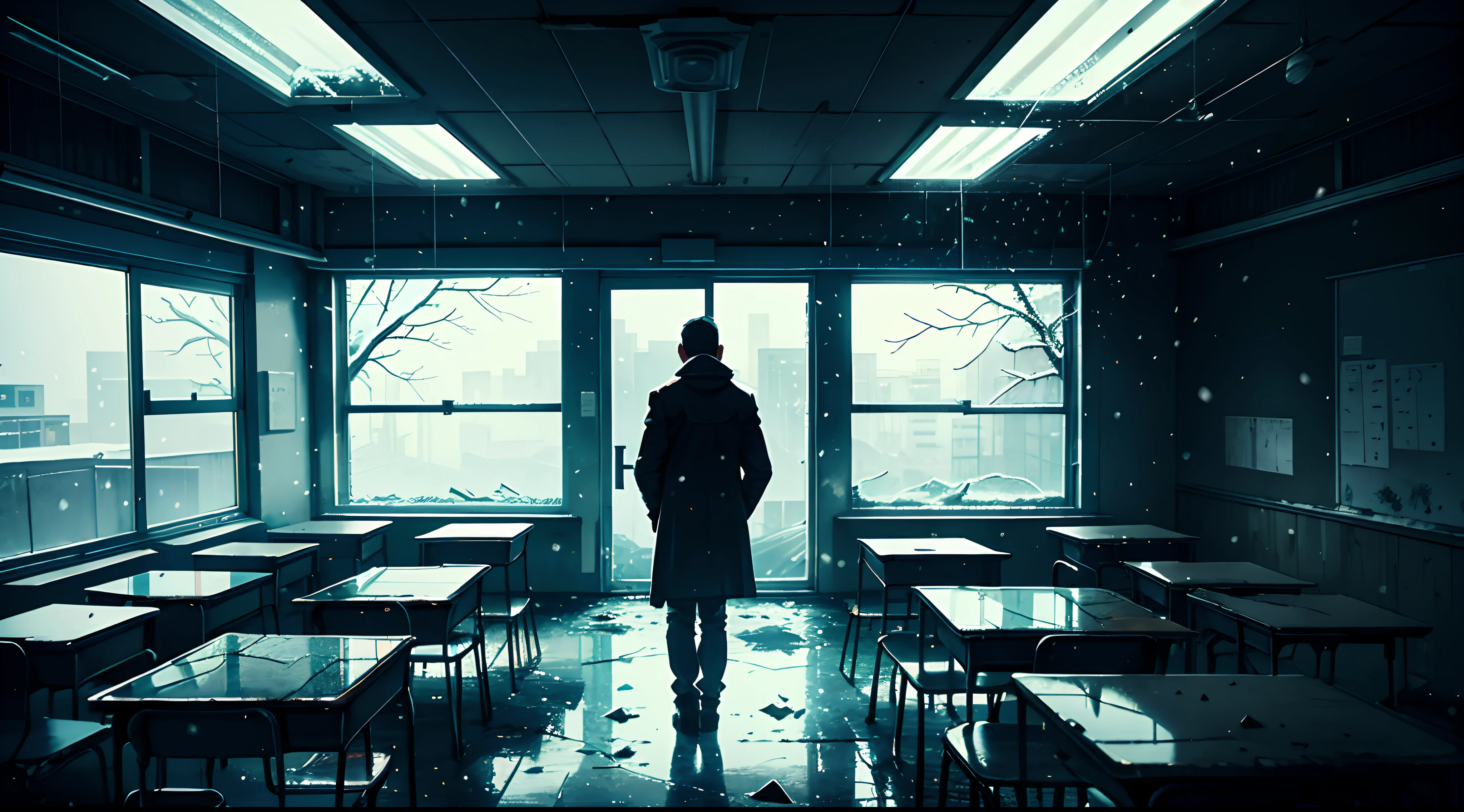 A teacher standing alone in a post apocalyptic classroom, (snowing) , dark, depressing, ((bleak mid winter)) , (broken glass:1.2)