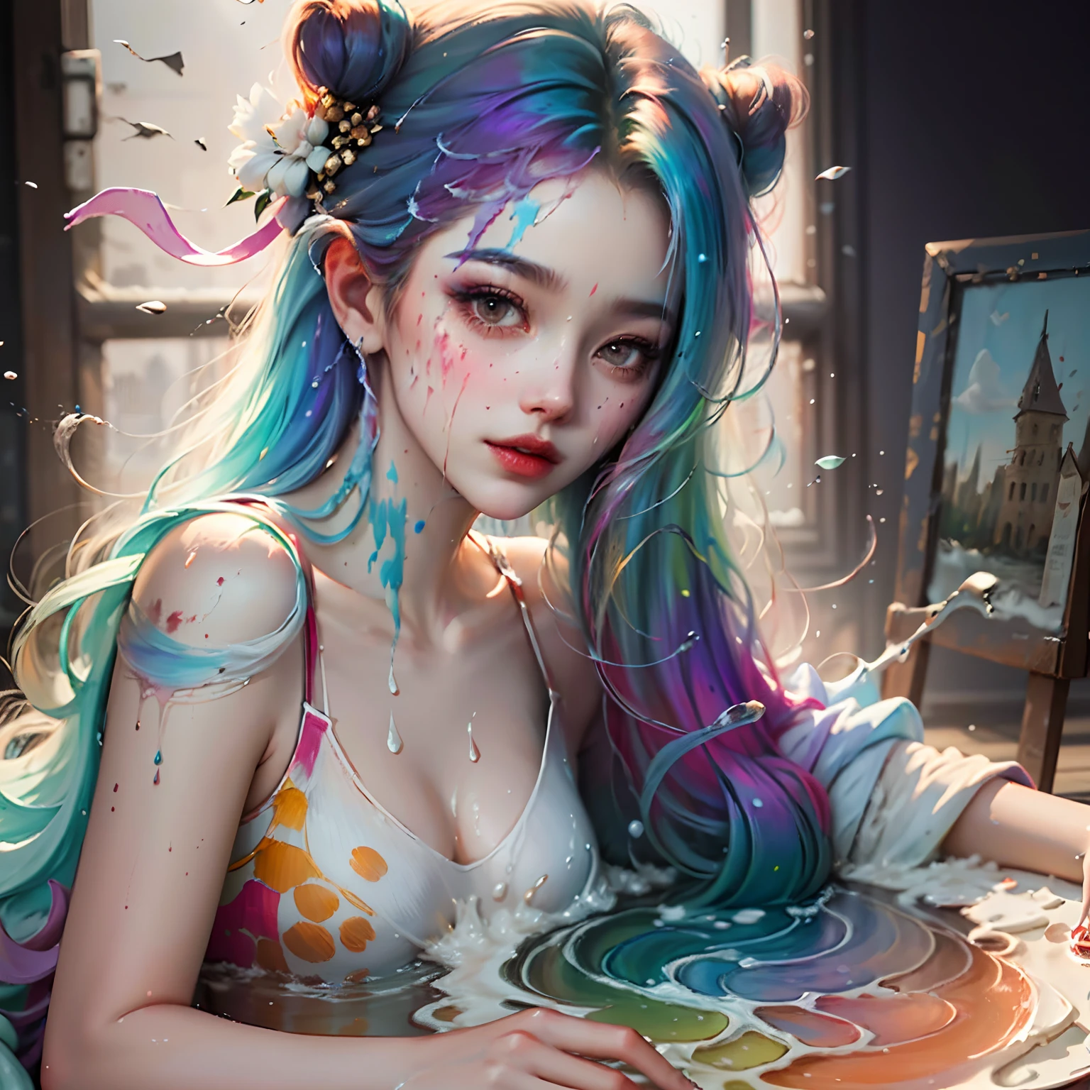 (Level Differences: 1.8),(Paint crashing and splashing on the canvas),(Depth of field),Cute creatures,graceful, Strengths of Bohemian and Modern. Lots of colors and undefined . (Liquid paint rainbow hair:1.1) Made of paint and defy gravity, Bold flow, (paint splashes: 1.3), Liquid state, beautiful, Masterpiece, detailed background, High-quality models, ethereal background, abstract beauty, Explosive volume, Oil Painting, Heavy brushstrokes, Romantic lighting, Sub-surface scattering, Lens 135mm, F1.8, brightness, 8K, high resolucion, Dreamy, Ray traching,  HDR, Divine rays,