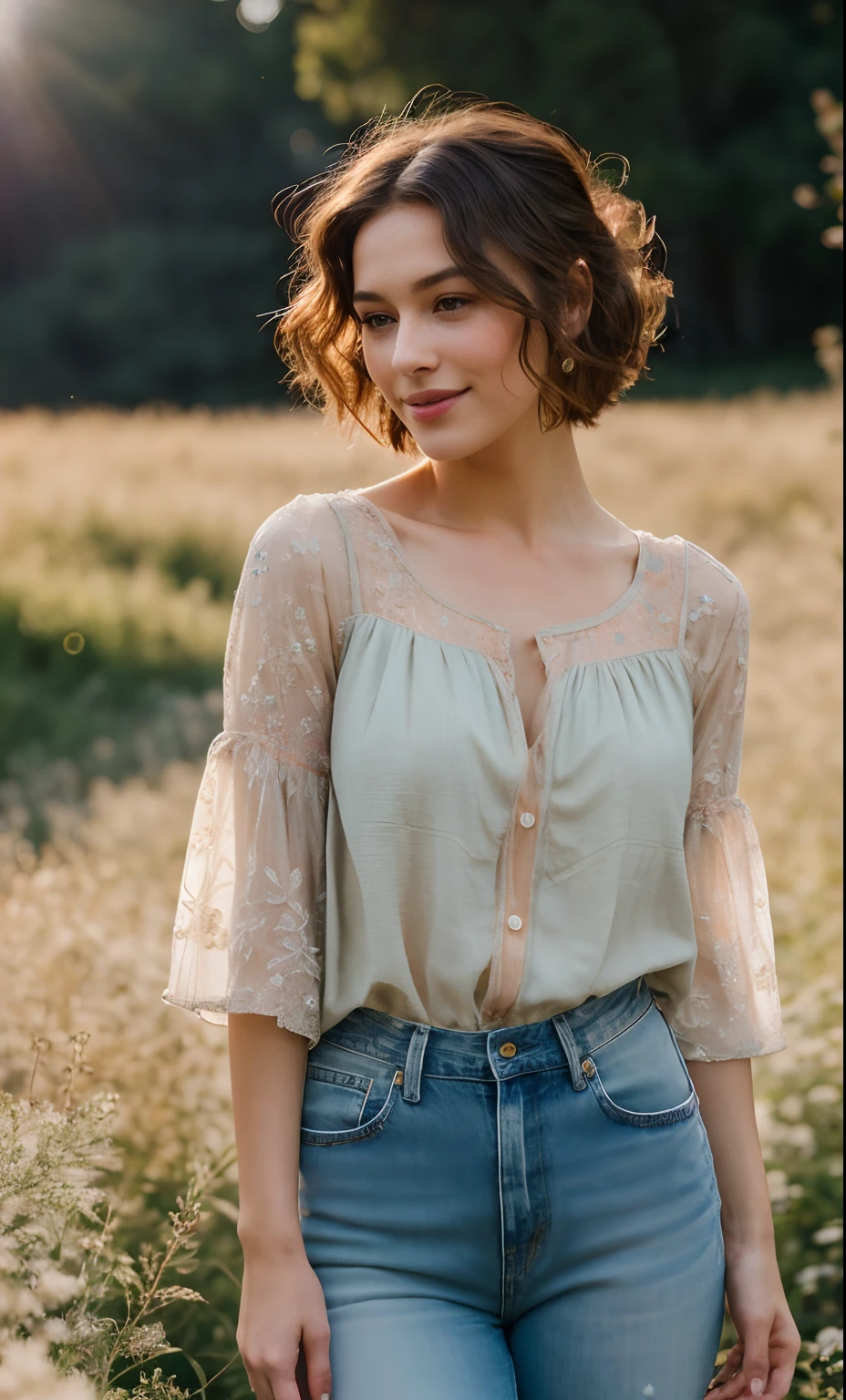 30yo woman stands outside in wildflower field, all varieties of flowers and colors, (deep natural shades of greens, white, pink, red, purples, all shades) ,shimmering realistic skin, (she has bee tattoos), full body including bare feet, she's wearing faded jeans, loose new tshirt summer top, most beautiful woman on earth, hands in pockets, (her hair is styled and short:1.2), she glistens with natural light glow, radiant skin , short hair, (summer sun accents her entire body modestly, charming), a stunning American woman, she smiles, outside, (relaxed , happy and refreshed)), (hyper-detailed jean texture, shirt pattern, fabric, (summer insects in air, backlit)), (highest quality fabric texture: 1.2), lush natural scene with accent highlights, shadows, film quality, misty atmospheric air, (ultra-realistic , greenery, field ,soft accent light, gorgeous Rembrandt style lighting, (Rembrandt patch)), (highest quality fabric texture), fabrics, High-realism hair and skin, (ultra-realistic eyes: eyelashes, pupils, sparkle), adorned with flowers, a world of passion. Finely detailed,(Fine-grained), (highest detail skin texture peach-fuzz earlobe realistic,) ○○ res – ultra high high resolution , very high texture (sweat highlights resolution), Photorealistic hands and fingers – (photorealistic beautiful 4k) , 8K,extreme detail, close and intimate, she looks to camera, teasing, Her perfectly sculpted lips, lifelike, blushed cheeks, freckles, highly real natural lips. she is a, Vermeer, a work of art, enticing. indulge in desire.solo woman, (highest quality fabric texture), light hair, every detail,Fine facial features, Masterpiece – Masterpiece ○○ quality – (Highest Quality) ,Leica film, High quality ○○ detailed – ○○ details ultra detailed(Ultra-fine ), Photorealistic, Extremely detailed(Extremely detailed) , Finely detailed, (highest detail wildflower field, lens flare, realistic)○○ res – ○○ resolution ultra high res(A high resolution), intimate and relaxed