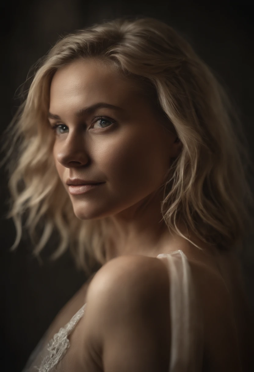 Blonde woman with freckles on her face, slim body, small boobs with bare penis