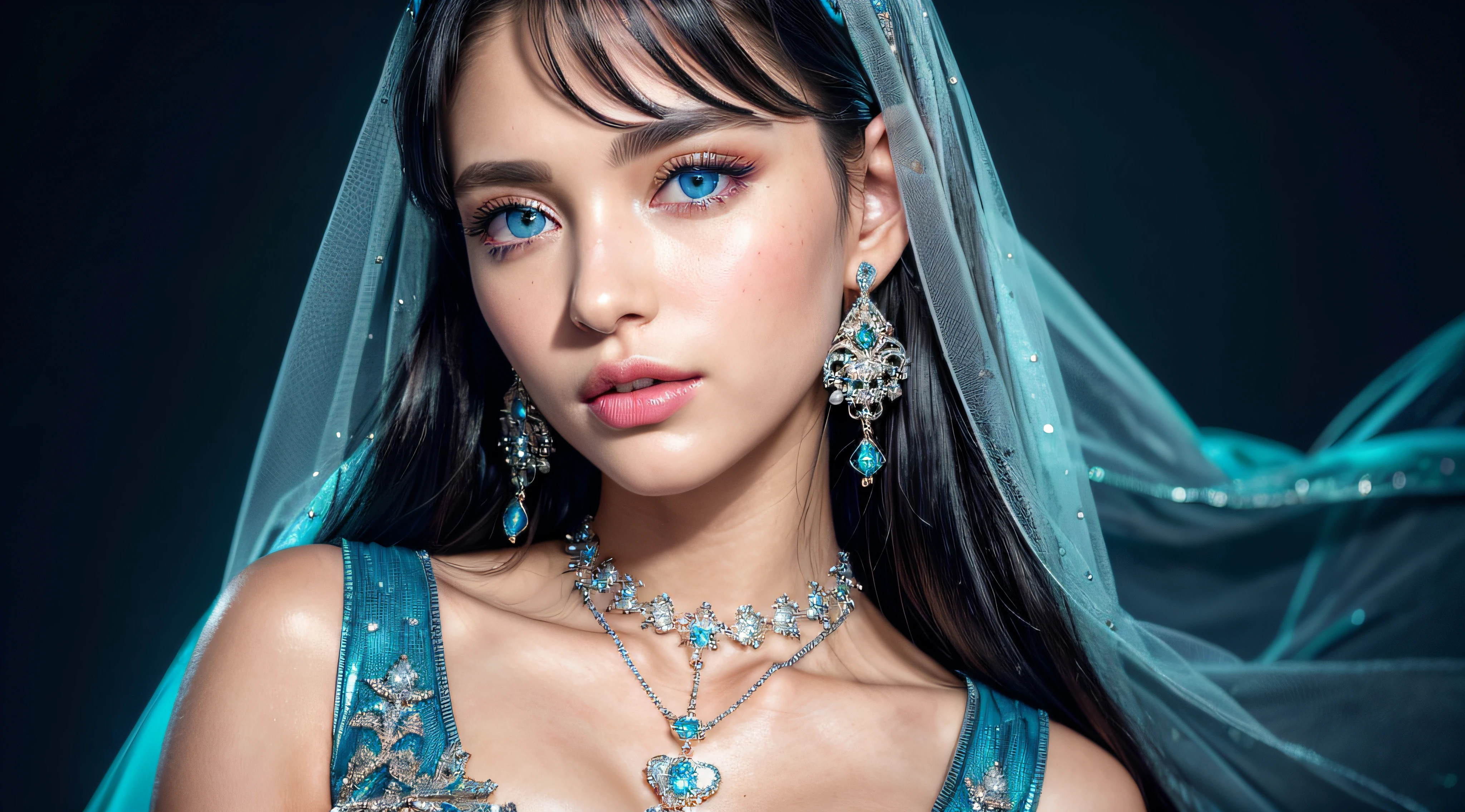 (8k, RAW photo, photorealistic)+ ,( lipgloss, eyelashes, gloss-face, glossy skin, best quality, ultra highres, A princess with bright blue eyes, symetrical face, jewellery, locket, earings, intricate details, 4K, 8k, hd