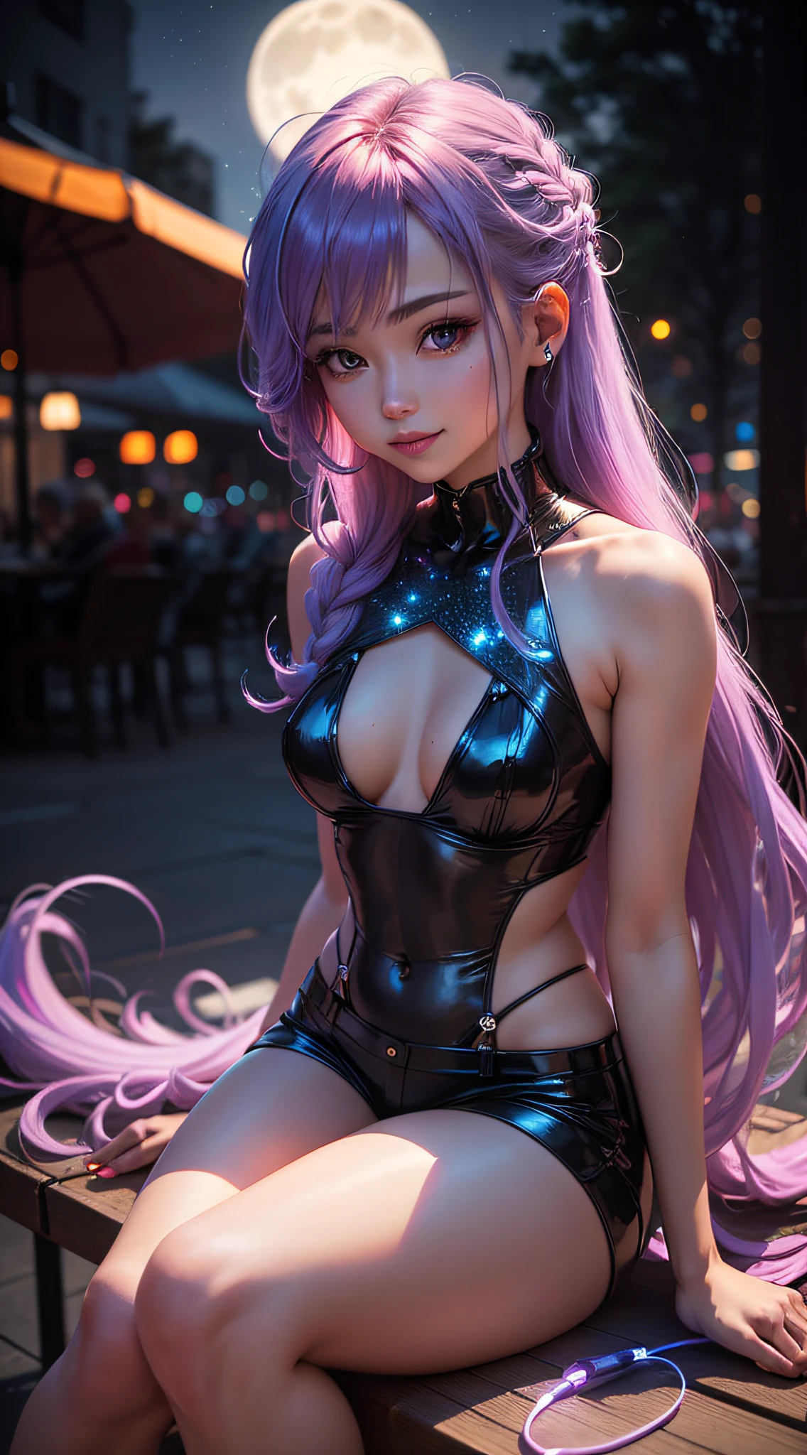 Full moon, sidelighting, fiber optic girl with glowing hair, sitting outdoors in a sexy outfit. She has long legs and is holding a roll of glowing fiber optic wire. The girl is wearing short shorts and her hair is dyed in vibrant colors. She has a confident and seductive smile. The lighting creates shadows and highlights, emphasizing her features and the glow from the fiber optic wire. The overall style is cinematic, resembling a scene from a movie.