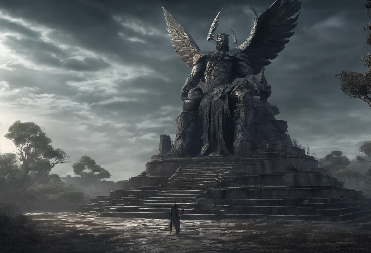 (Huge warrior statue behind:1.5), (Best Quality,hight resolution),Detailed,Realistic,mystery,adventure,thrilling action,Beautiful Landscapes,科幻小说,mystic atmosphere,Impressive visual effects,charmed,Enchanted World,Rabbit-eared girl exploring the maze,A twist that bends the heart,Maze walls covered with lush greenery,Vibrant colors,ominous shadows,Impressive scale and depth,Complex puzzles,Exhilarating chase scenes,Running for survival,Thrilling suspense,Dangerous roads and dead ends,Mysterious creatures lurking in the maze,Heroic determination,Change your perspective,Nerve-breaking tension,Game-changing secrets hidden in mazes,Dangerous traps and obstacles,Unforgettable climax,Cinematic Masterpiece.